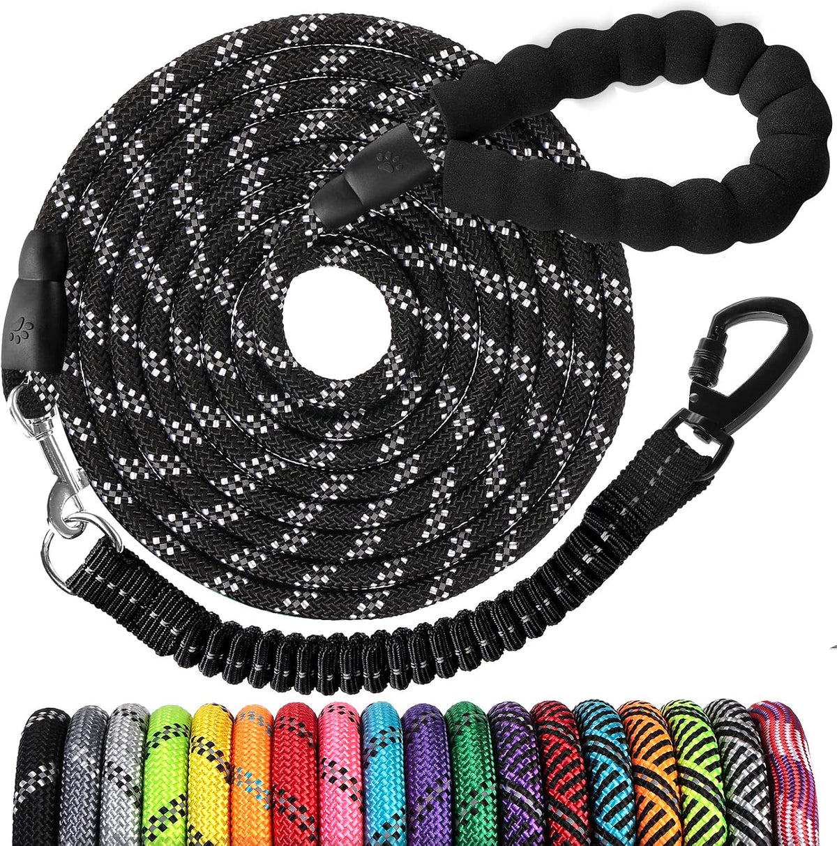 Long Dog Leash 10 FT: Heavy Duty Rope Leashes for Dogs Training with Swivel Lockable Hook Reflective Threads Bungee and 