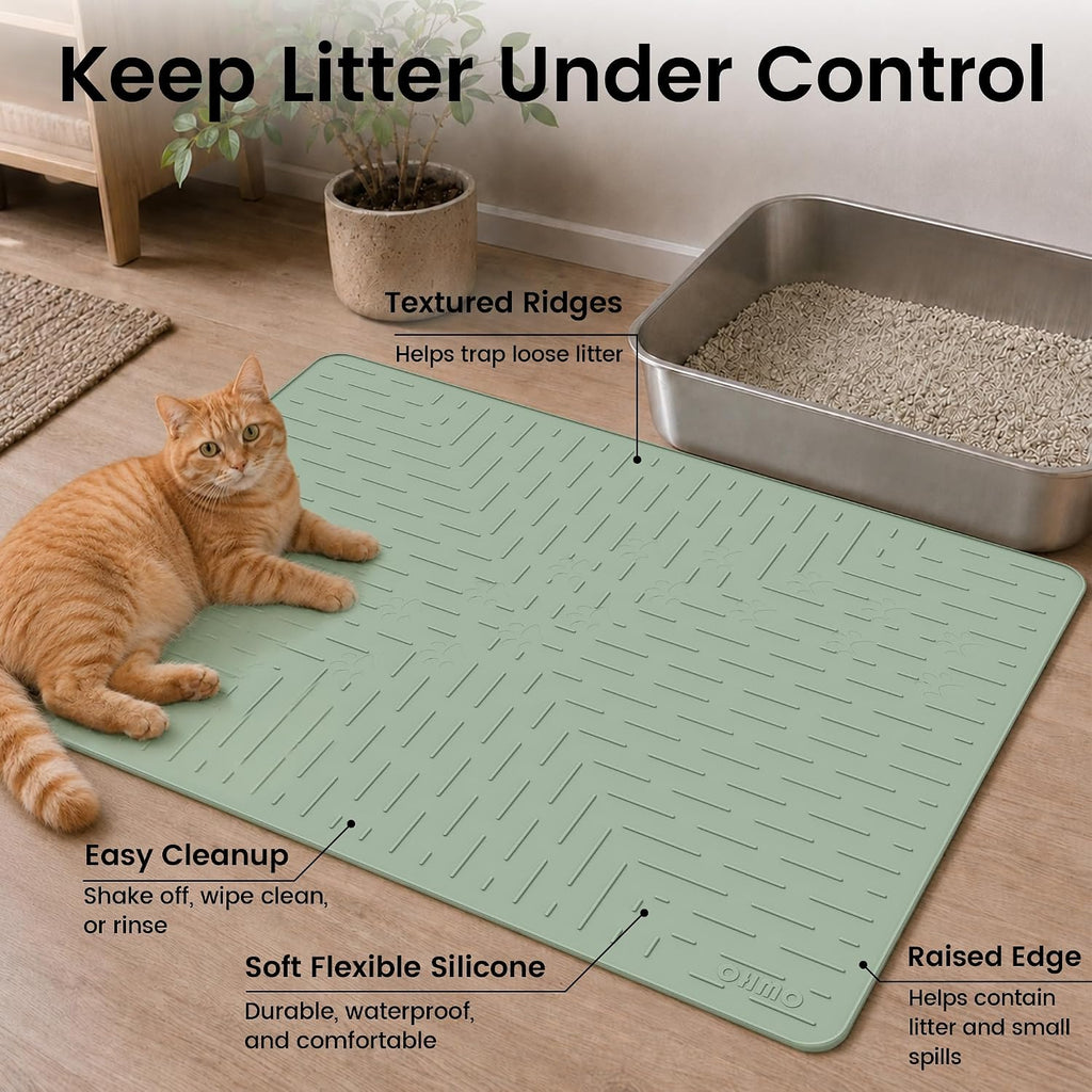 OHMO Large Cat Litter Mat, 31.5x23.6" Silicone Trapping Mat Sage Green