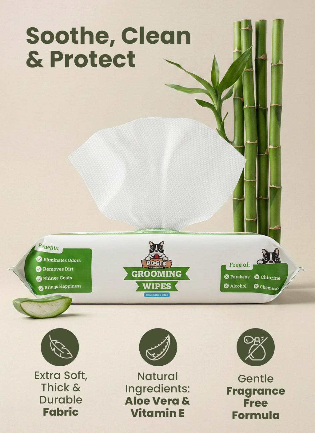 Pogi's Dog Grooming Wipes for Paws & Butt, Fragrance Free, 100 Wipes