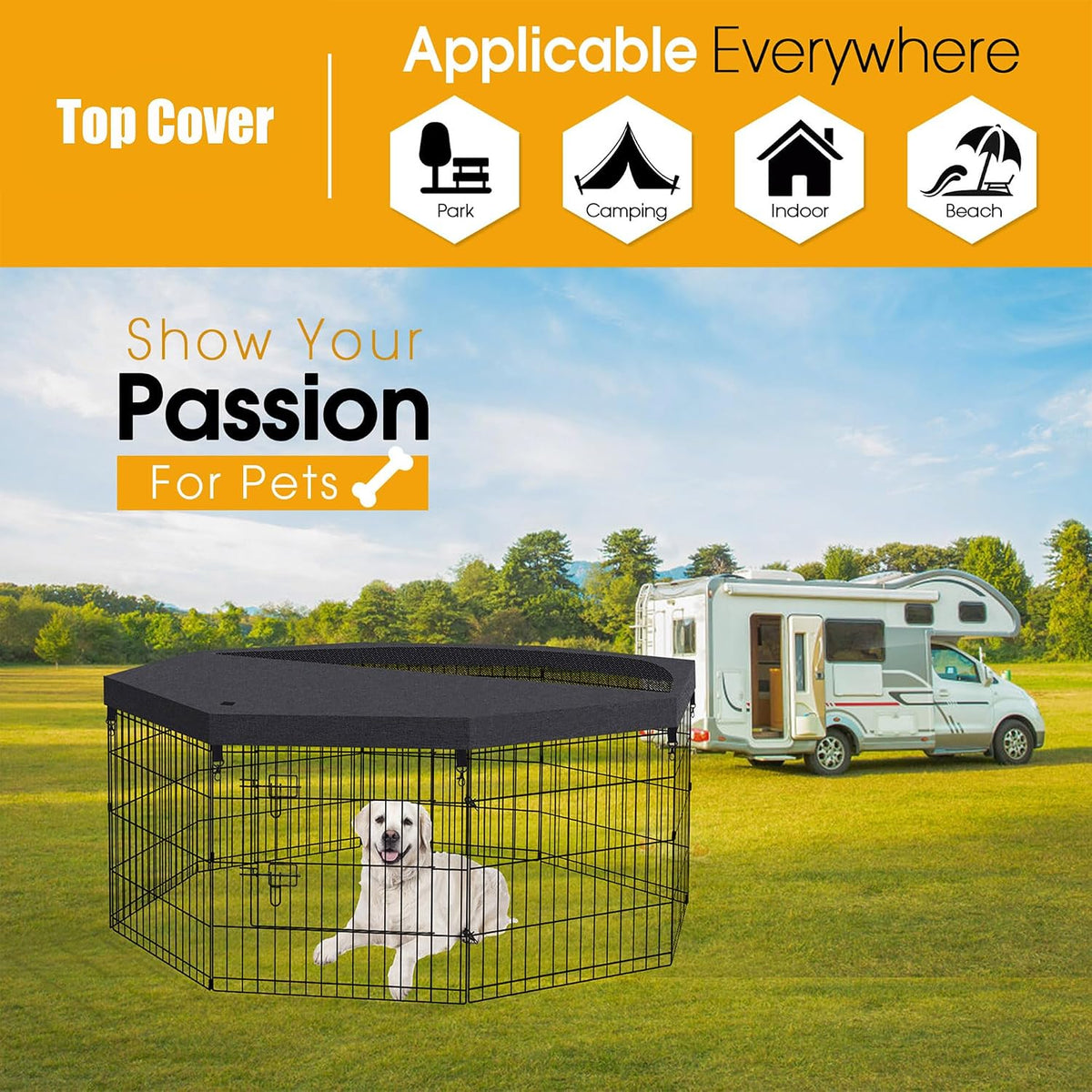 Dog Playpen Top Cover Only, for 8 Panel 24 Inch Wide Octagonal Mesh Black