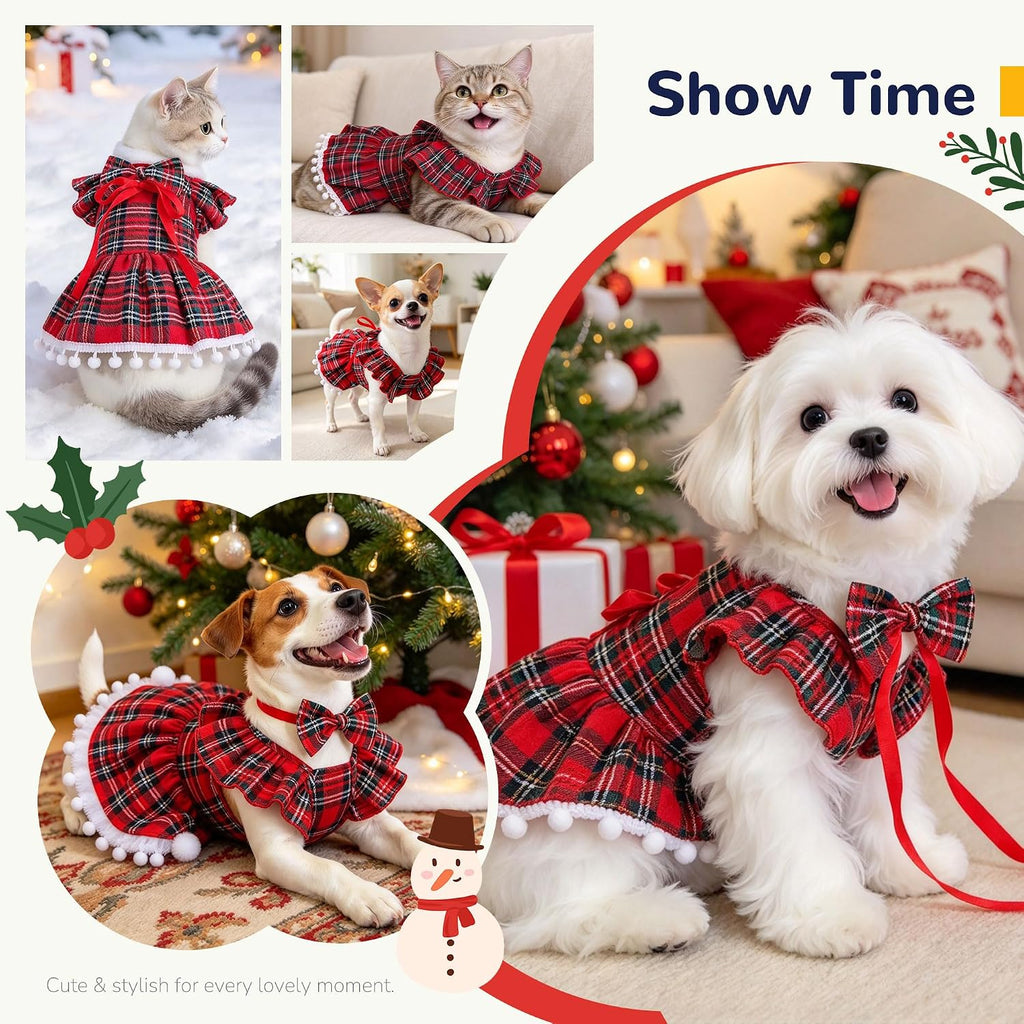 Plaid Small Dog Cat Christmas Dress Outfits with Bow & Leash D-Ring,Soft Breathable Cute Ruffle Xmas Puppy Clothes Girl,