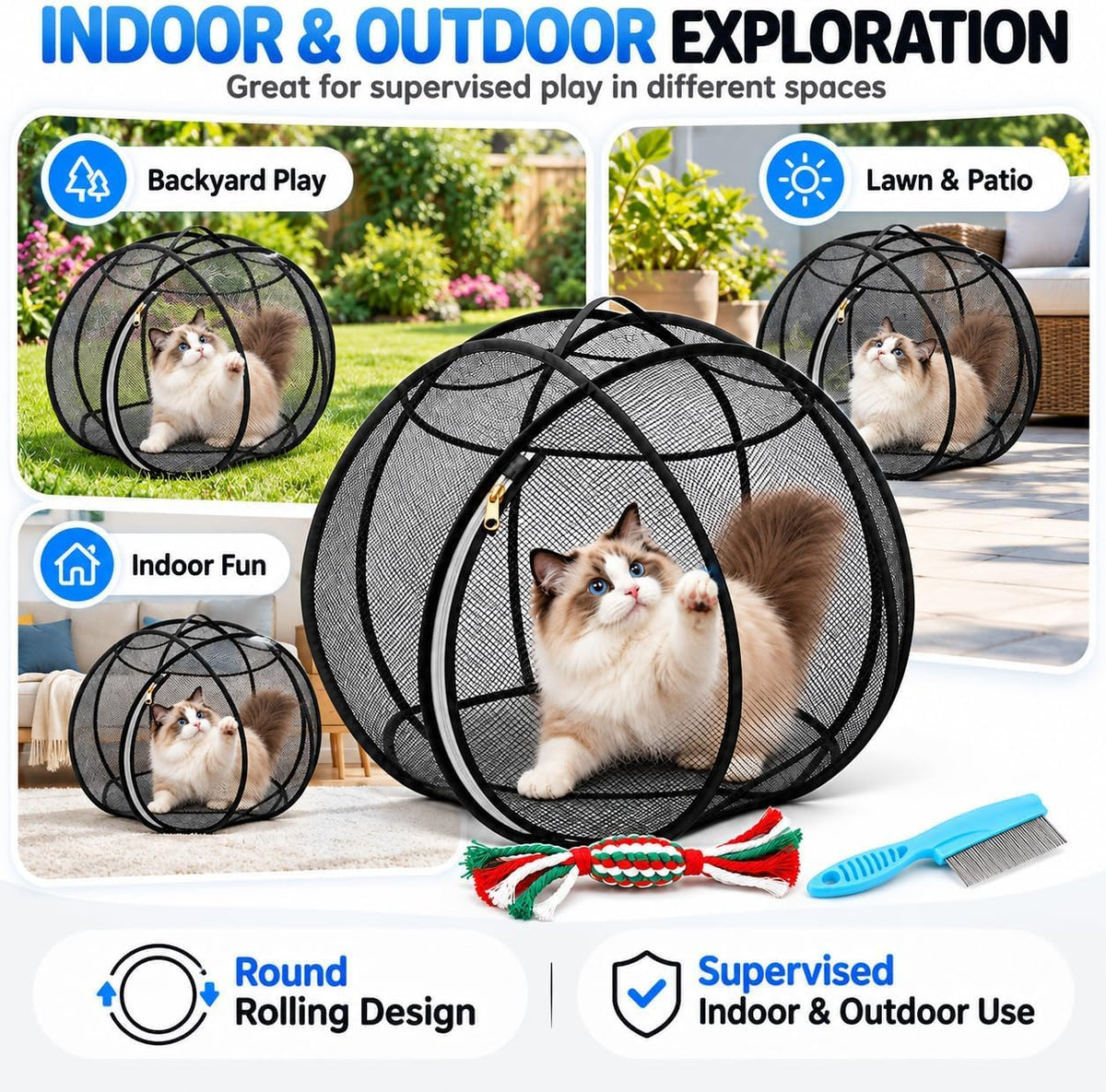 27" 360 Panoramic Rolling Cat Playpen, Mesh Ball Enclosure Giant (Pink)