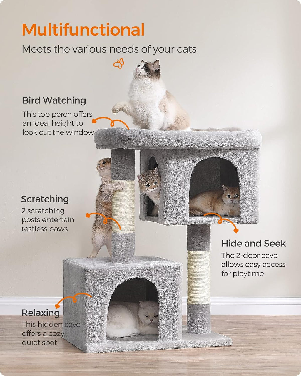 Feandrea Cat Tree, 40.6-Inch Tall Cat Tower, Cute Plush Condo, Light Gray