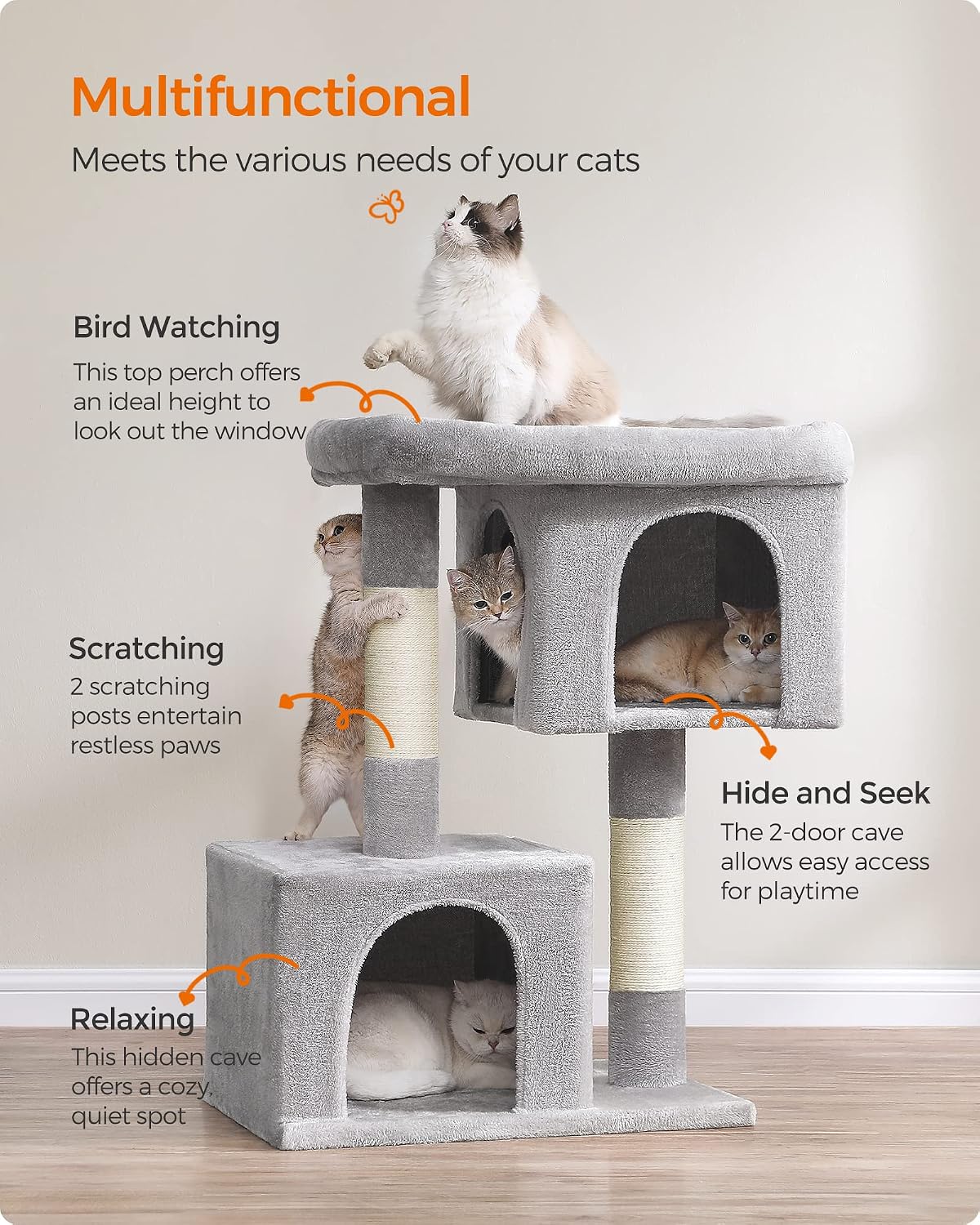 Feandrea Cat Tree, 40.6-Inch Tall Cat Tower, Cute Plush Condo, Light Gray