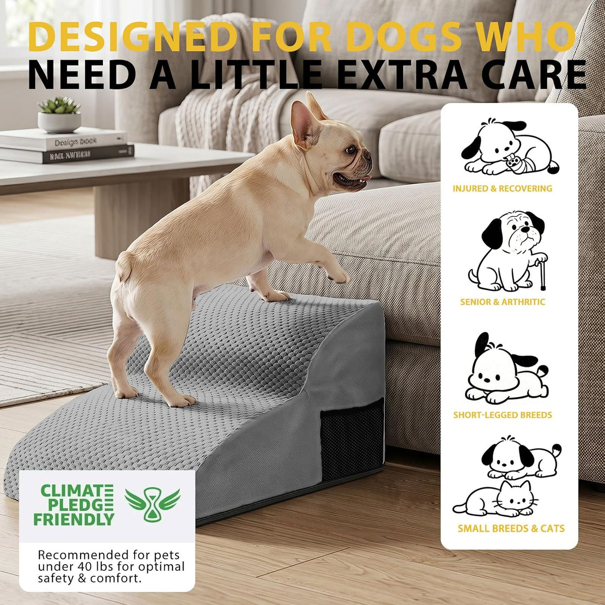 2-Step Dog Stairs for Small Dogs, Non-Slip Foam Pet Steps for Low Couch Bed