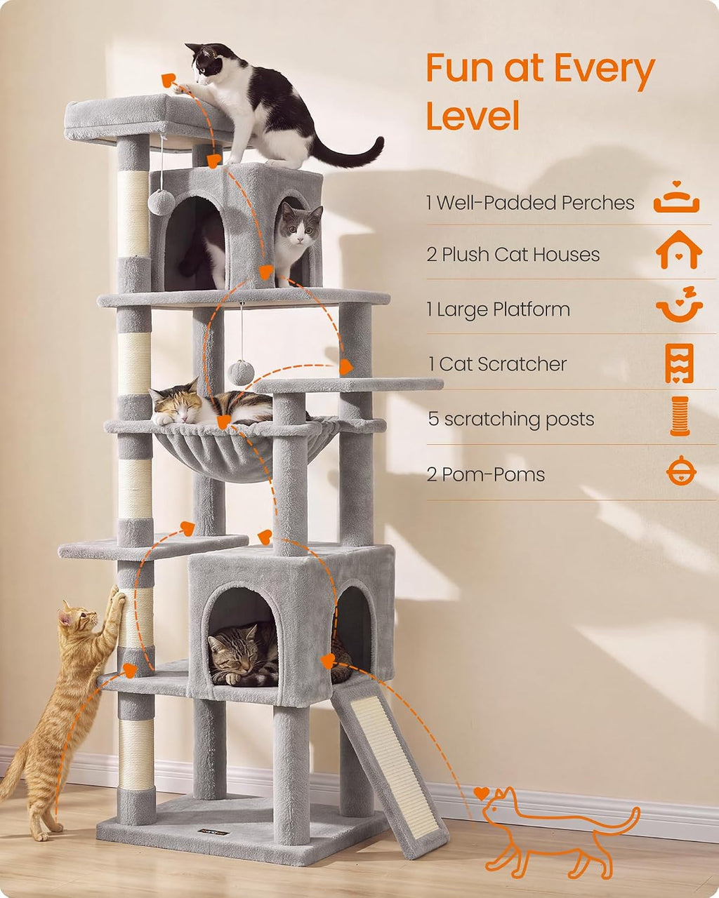 Feandrea Cat Tree, 70.3" Heavy Duty Cat Tower Condo for Indoors, Dove Gray