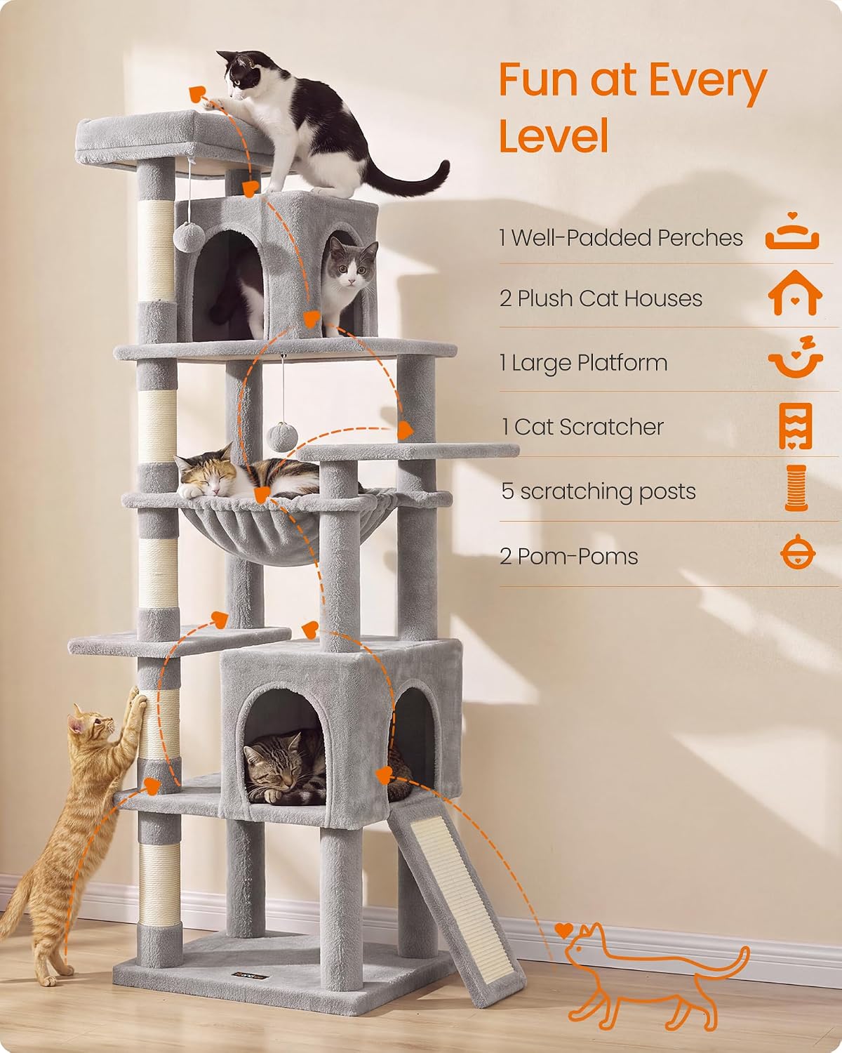 Feandrea Cat Tree, 70.3" Heavy Duty Cat Tower Condo for Indoors, Dove Gray