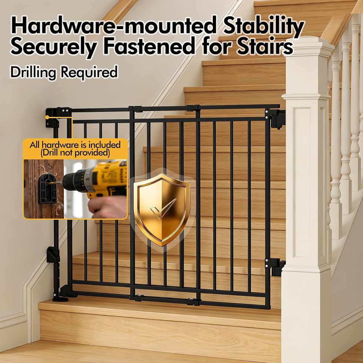 Baby Gate with No Bottom Bar, 29" H x 26.4-43" W, Black | Drill Required, Hardware Mounted, One-Hand Operation, Auto Clo