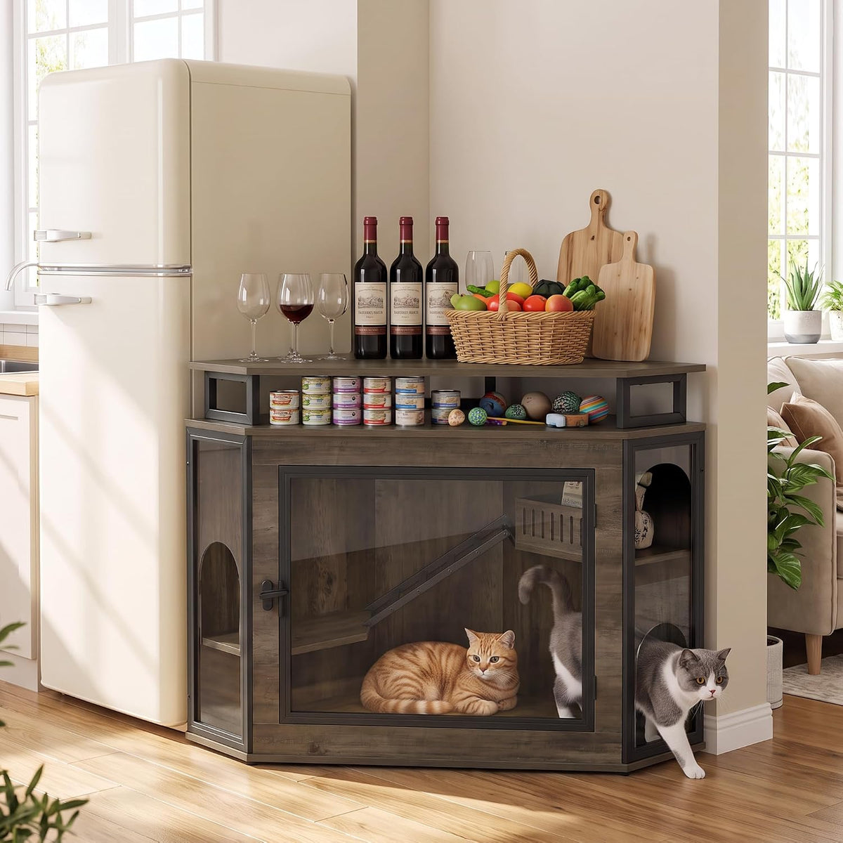 48" Corner Cat Cage Furniture w/2-Tier Shelves, Large Cat House