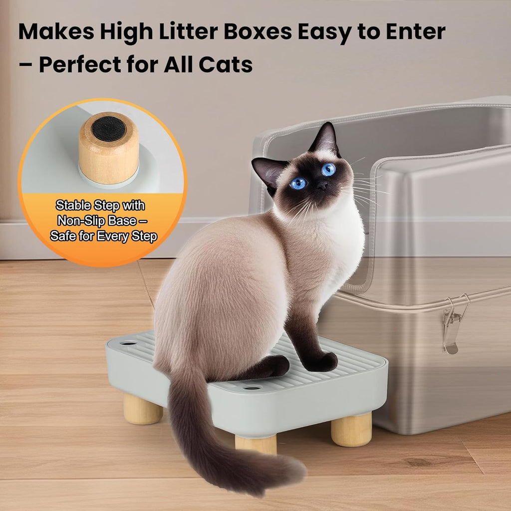 Litter Box Step, Litter Box Ramp/Catcher with Wooden Base, Anti-Tracking & Easy to Clean, Ideal for Small & Elderly Cats