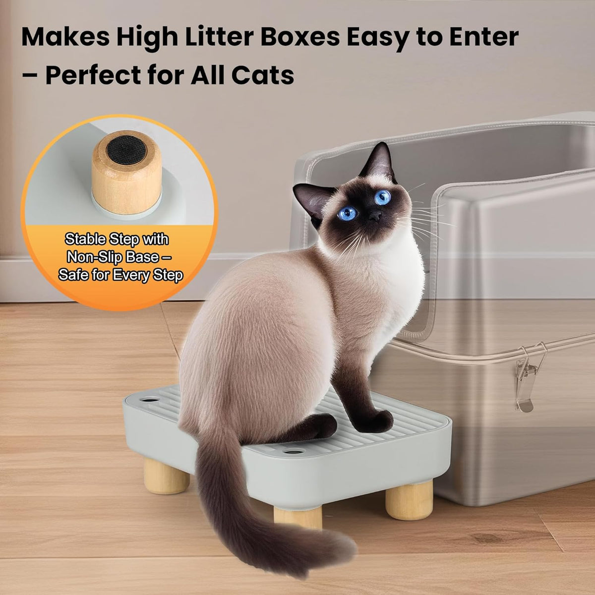 Litter Box Step, Litter Box Ramp/Catcher with Wooden Base, Anti-Tracking & Easy to Clean, Ideal for Small & Elderly Cats