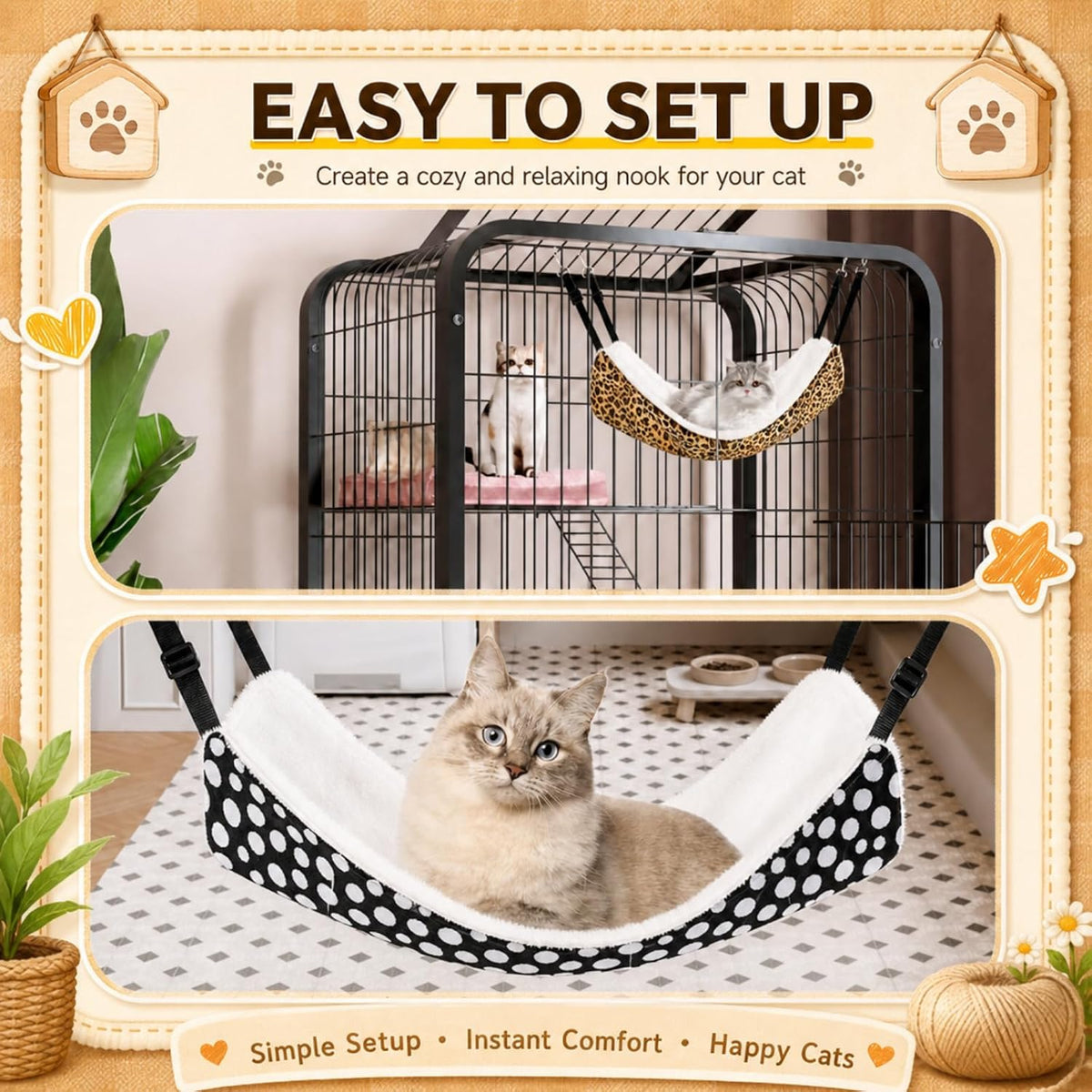 Jetec 2 Pack Cat Hammock for Cage, Leopard and Dot, M