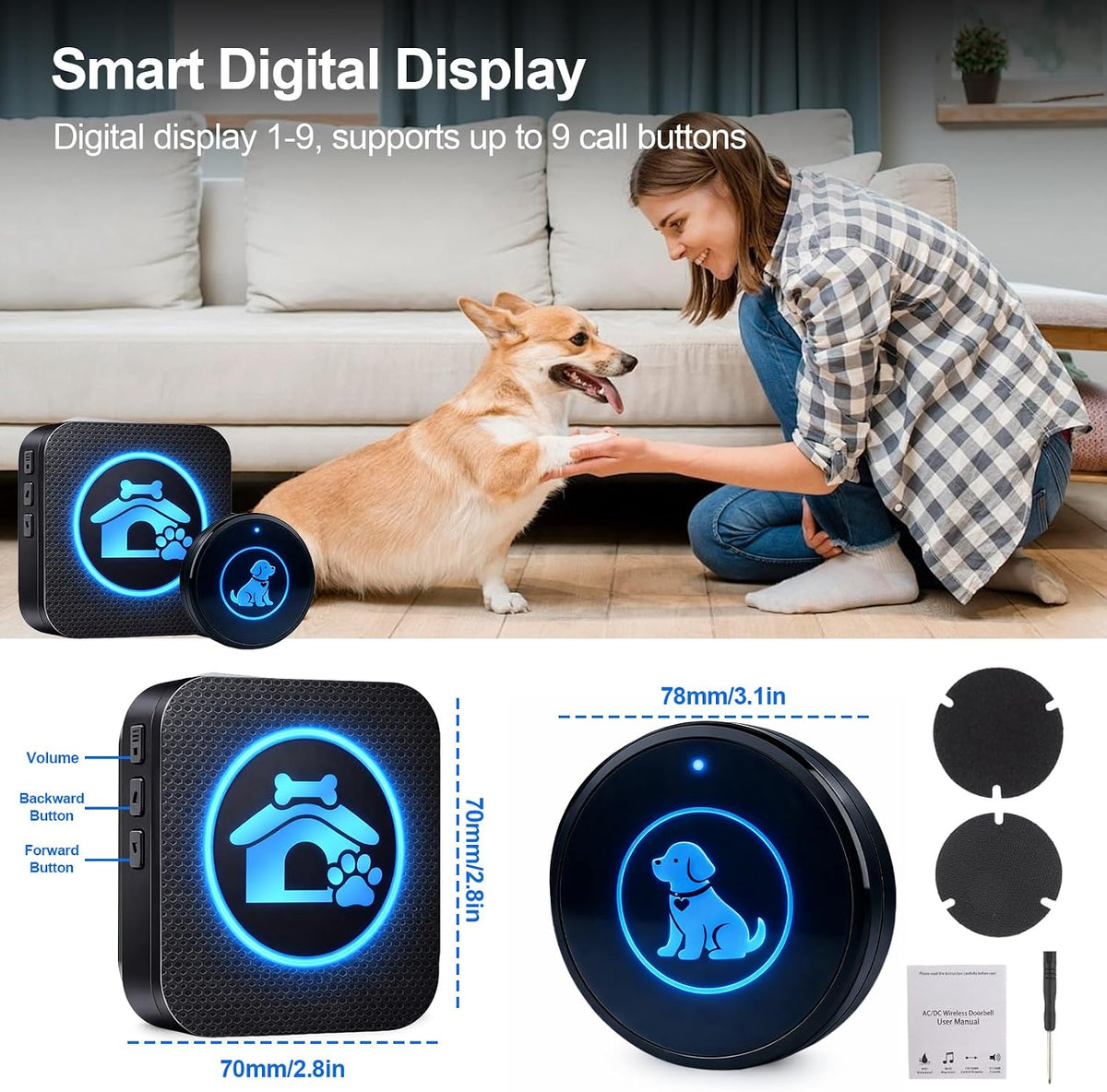 Dog Door Bell for Potty Training, Wireless Dog Doorbells to Go Outside, 1000 Feet Long Range, IP65 Waterproof, 60 Melodi