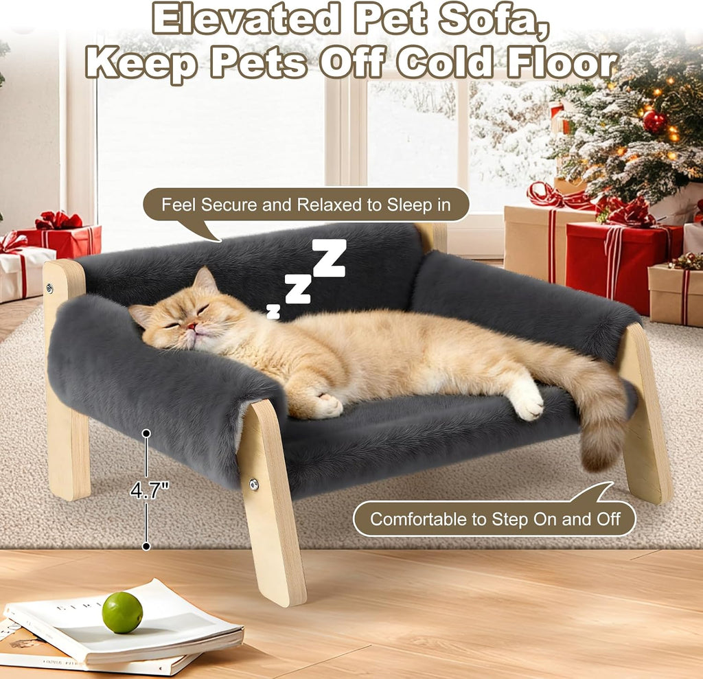 Elevated Cat Couch Bed for Indoor Cats - Wooden Cat Sofa with Removable Washable Cover, Cat Bed Furniture Raised Lounge 