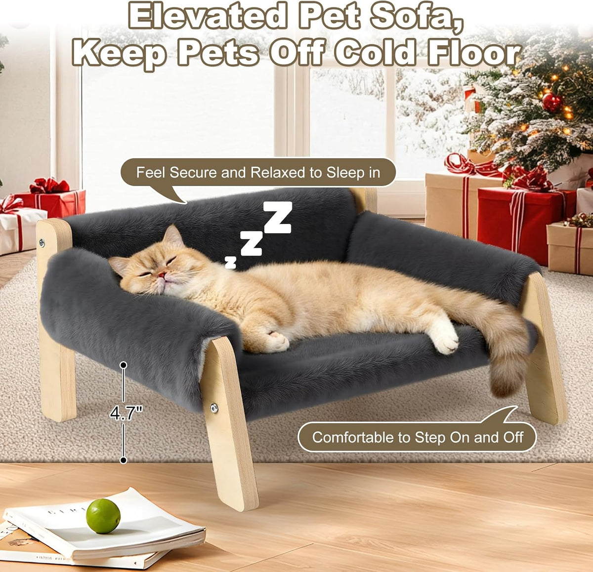 Elevated Cat Couch Bed for Indoor Cats - Wooden Cat Sofa with Removable Washable Cover, Cat Bed Furniture Raised Lounge 
