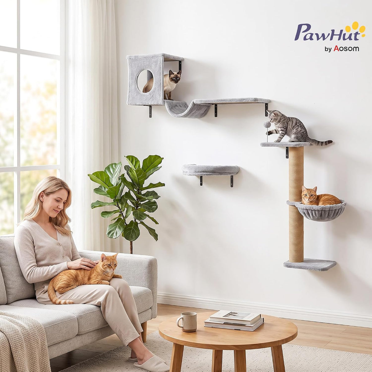 PawHut 3-in-1 Cat Wall Shelves, Wooden Cat Climbing Furniture, Gray