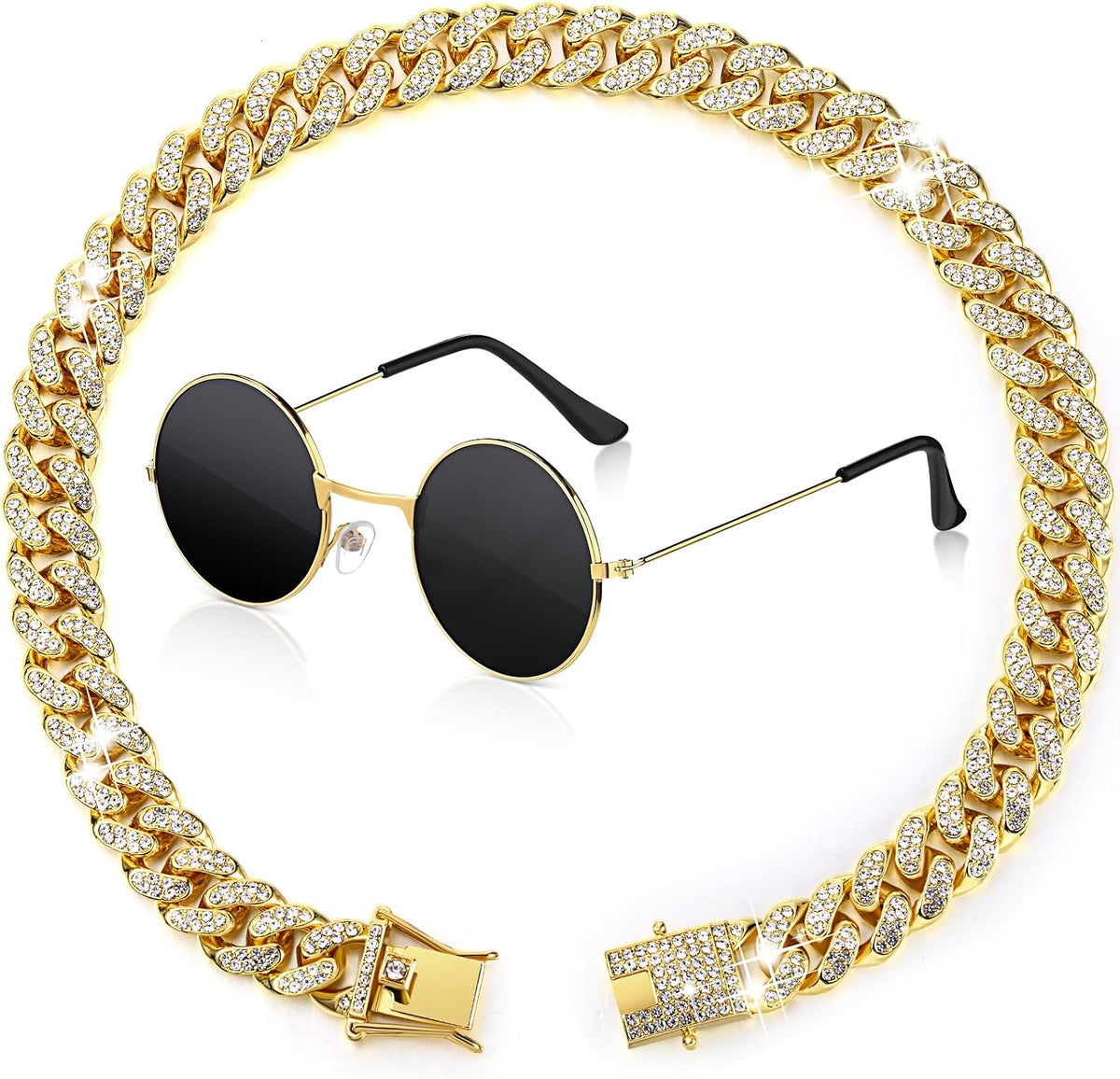 Xuniea 2 Pcs Pet Collar Set, Chain and Sunglasses, 12 Inch, Gold, Black