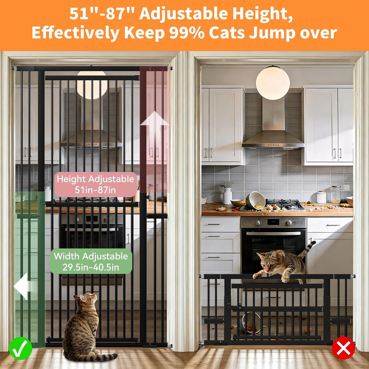 51"-87" Extra Tall Pet Gate for Cats, 29.5"-40.5" Wide Pressure Mounted No-Drilling Safety Dog Gate, Metal Walk-Thru Bar