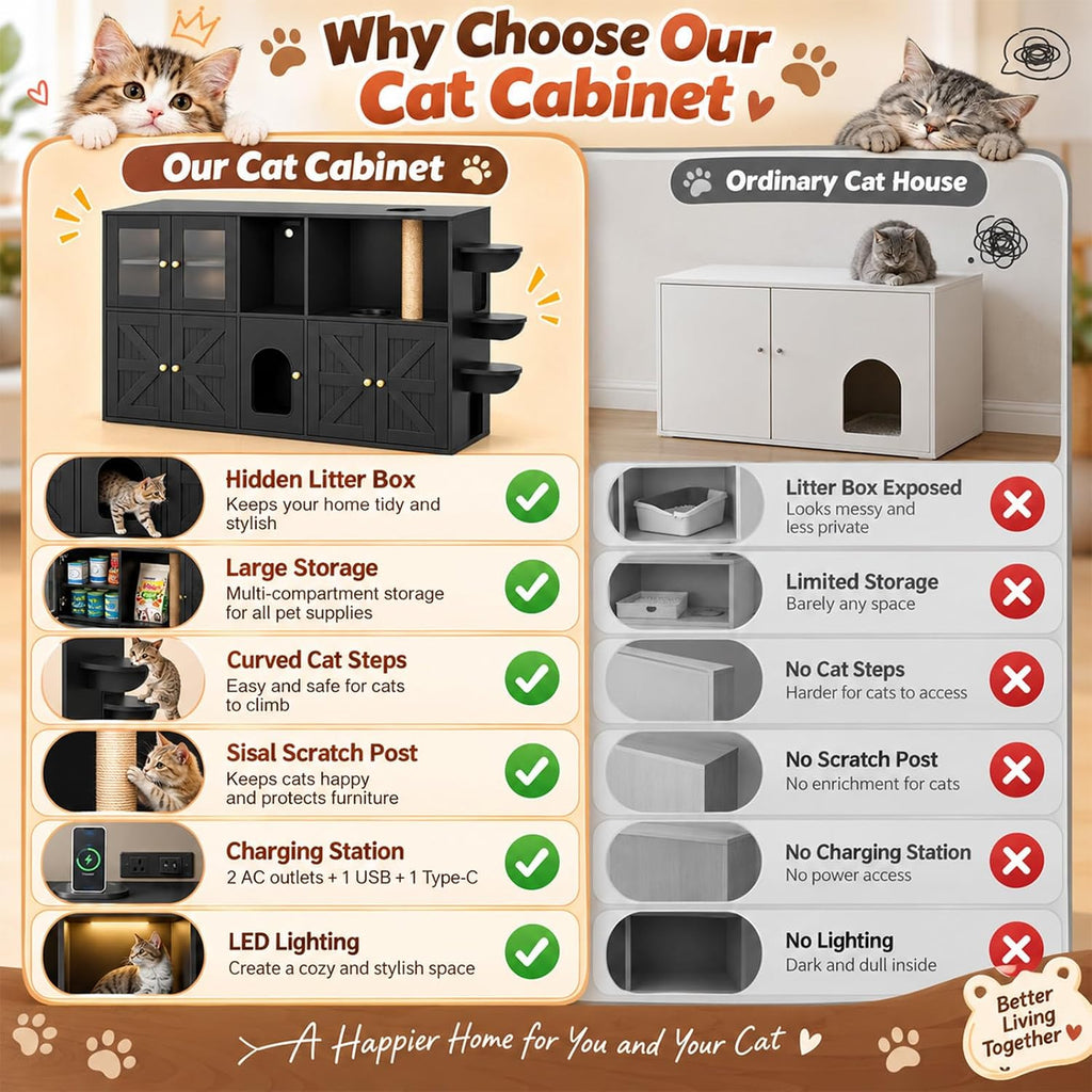 74" Double Cat Litter Box Furniture with Storage, Black
