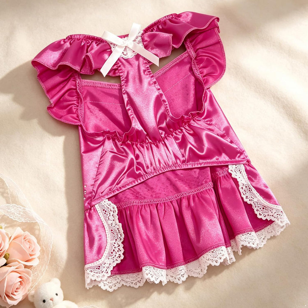 Yartina Fuchsia Pink Dog Dress for Small Female Dogs, Satin Lace Party Outfit Hot Pink Medium