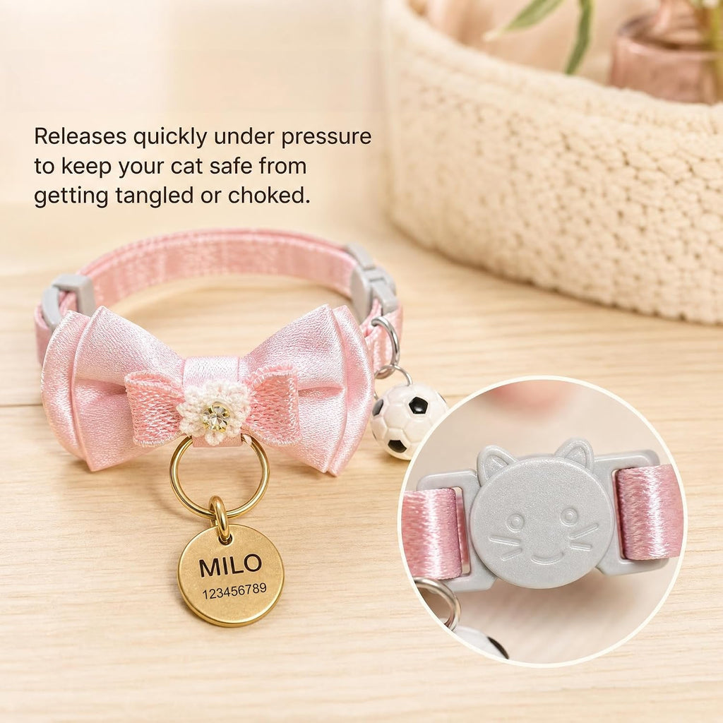 Custom Cat Collar with Name & Bell for Kitten, Breakaway Safety Buckle Pink