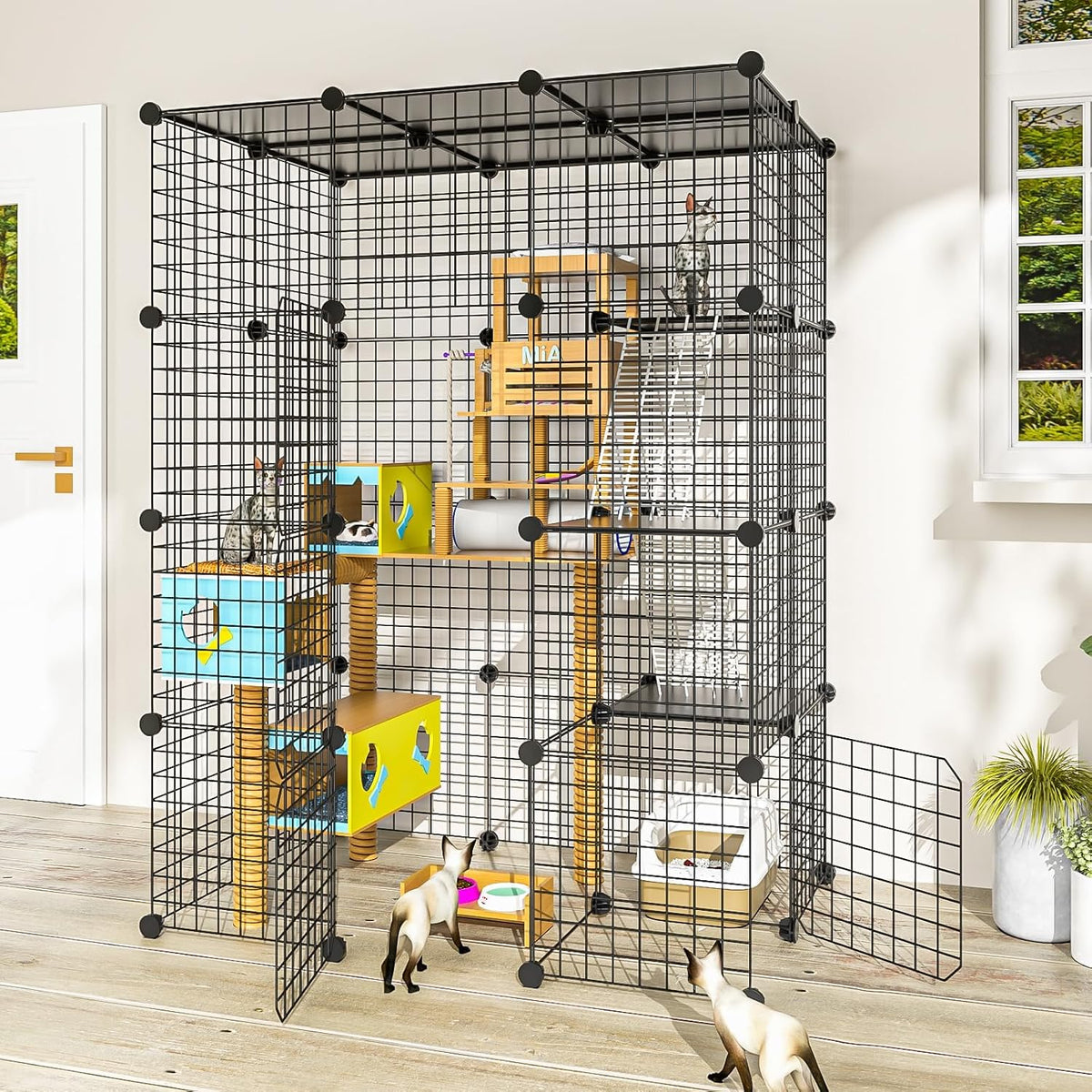Cat Large Enclosure - DIY Catio Ideal for 1-3 Cats, Indoor & Outdoor, Detachable Metal Wire Kennel, 2x3x4 Exercise Place