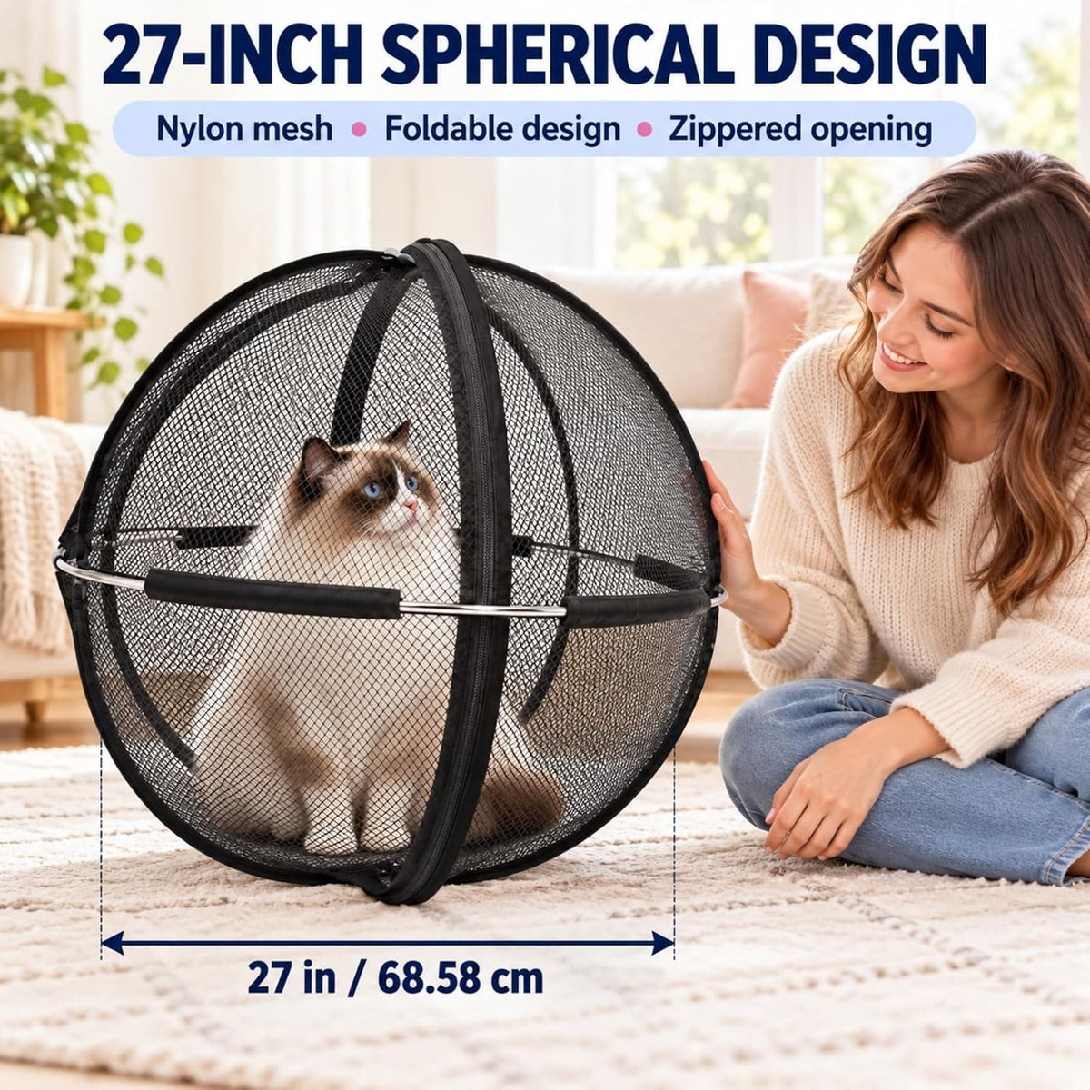 Cat Hamster Ball, 27-Inch Rolling Cat Enclosure, Foldable Mesh Playpen