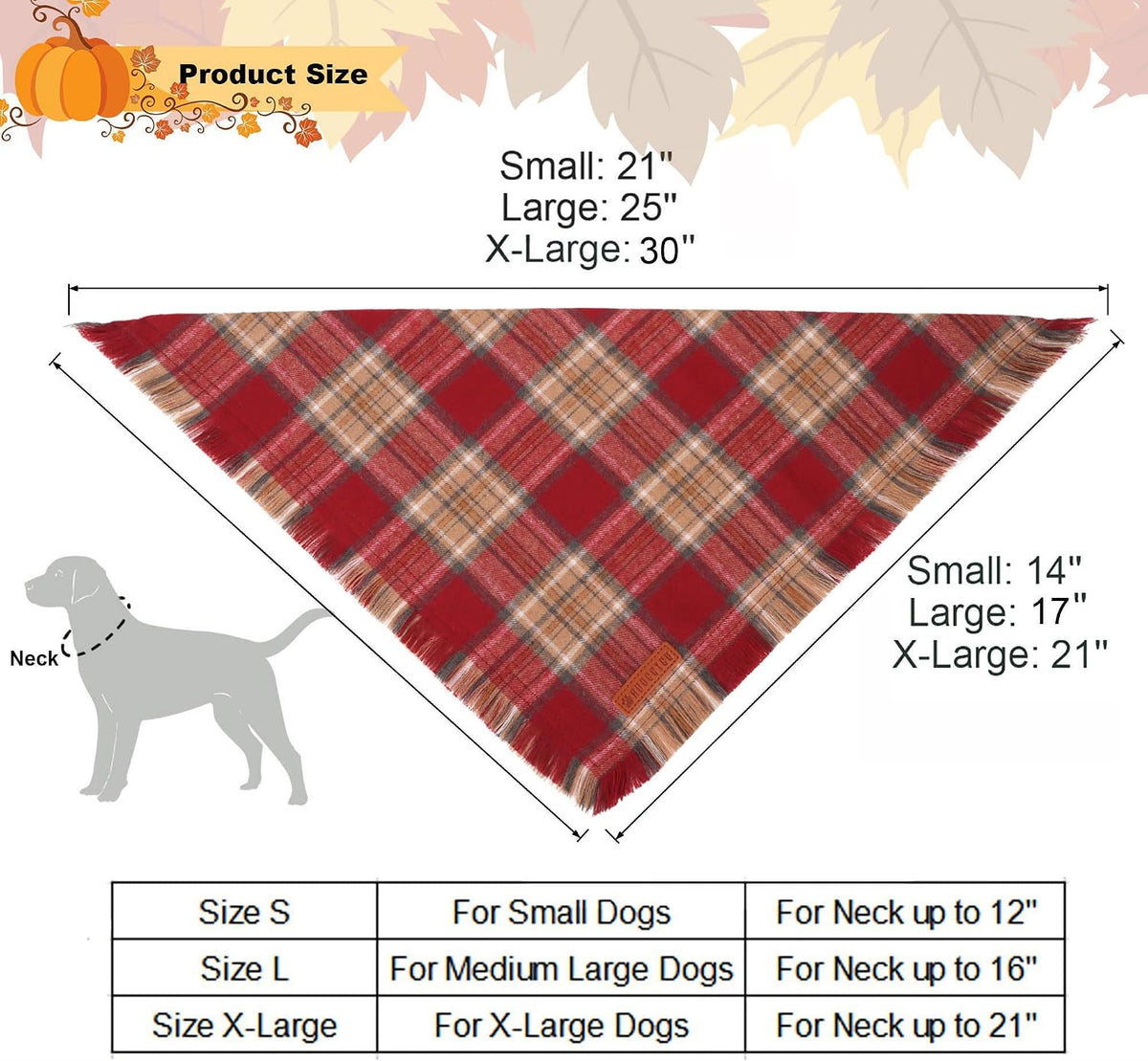 Fall Dog Bandanas with Fringe, Red Brown Plaid Dog Scarf, Large