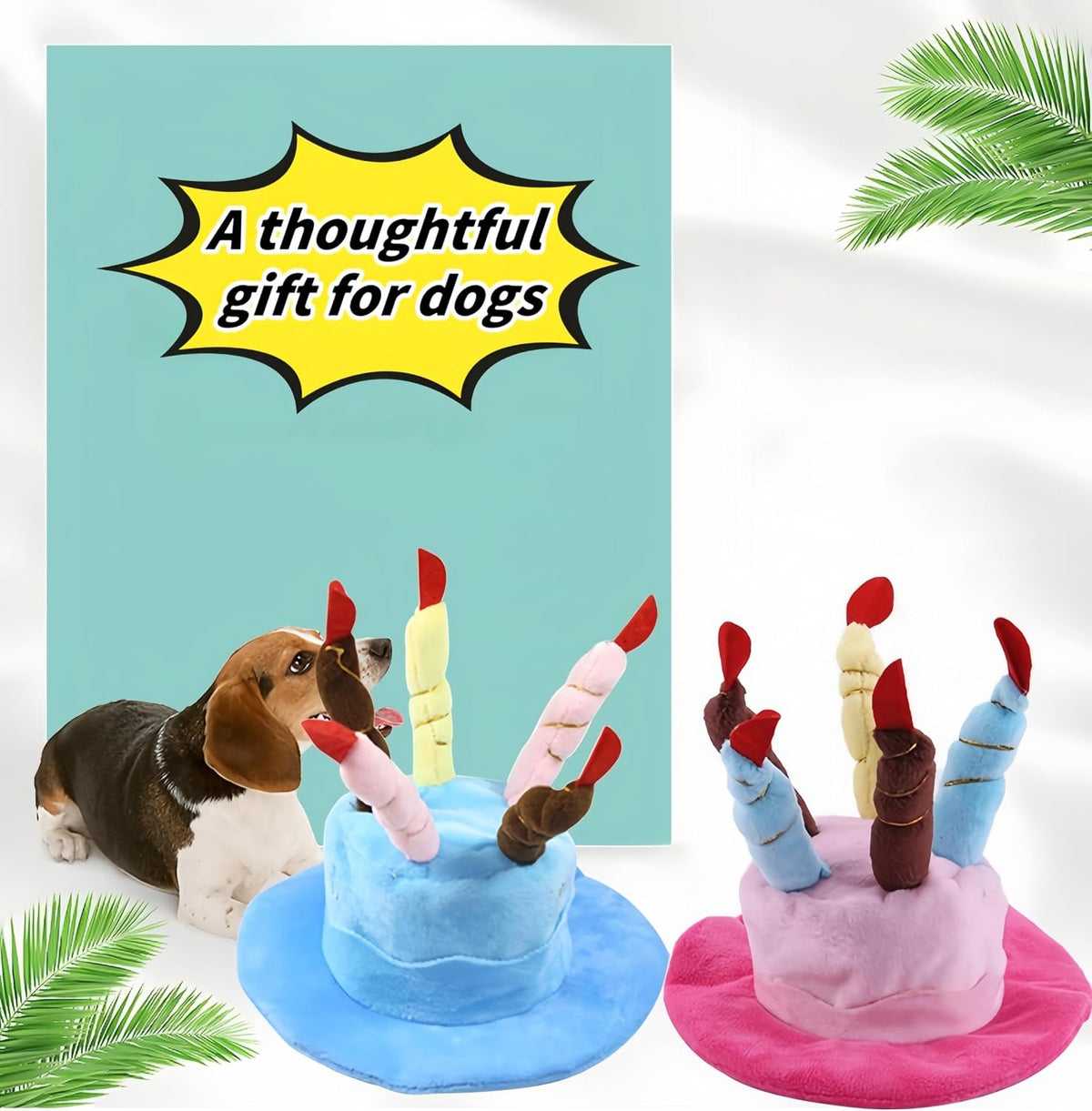 Cute Pet Party Hat for Dogs&Cats - Soft Fluffy Birthday Cap with 5 Color Candles (Blue), Adjustable Strap for Halloween,