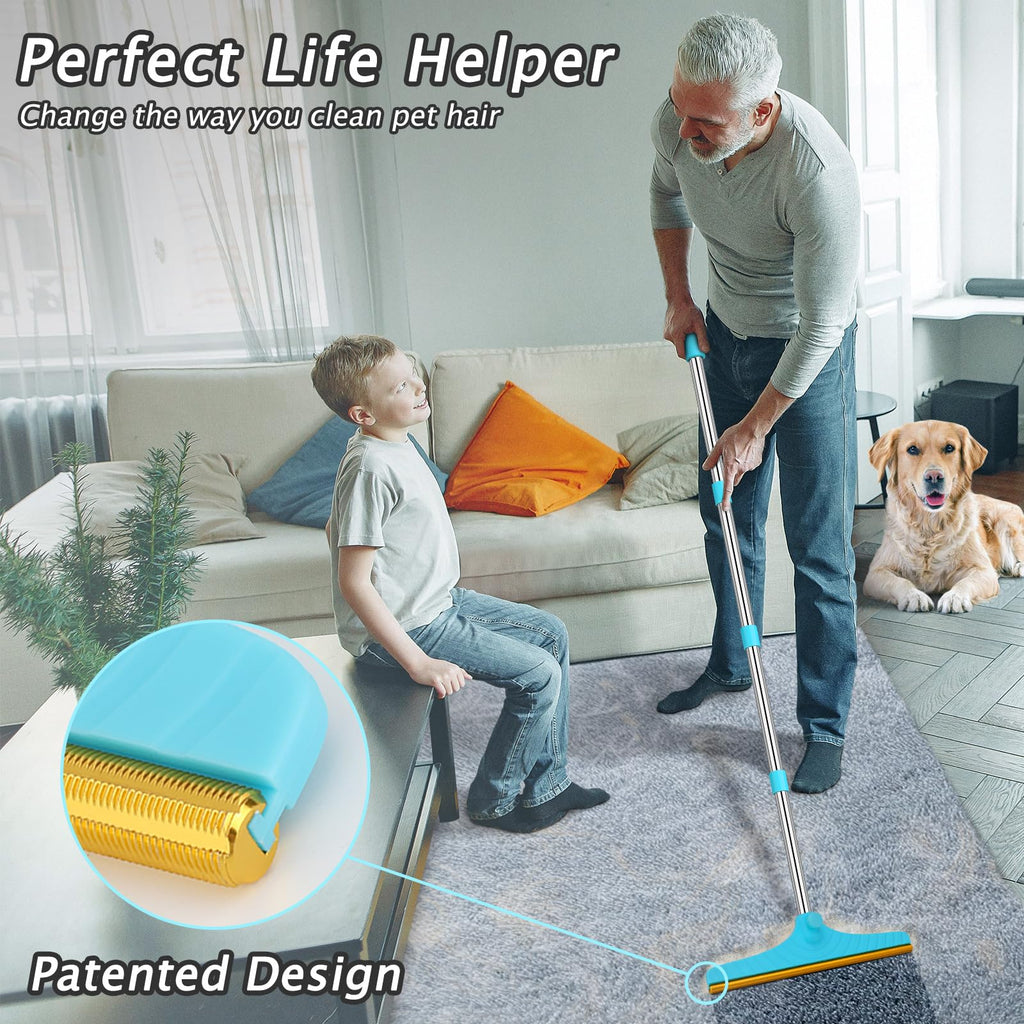 Eaersan Carpet Rake for Pet Hair Removal, Dog Cat Hair Remover 60'' Blue