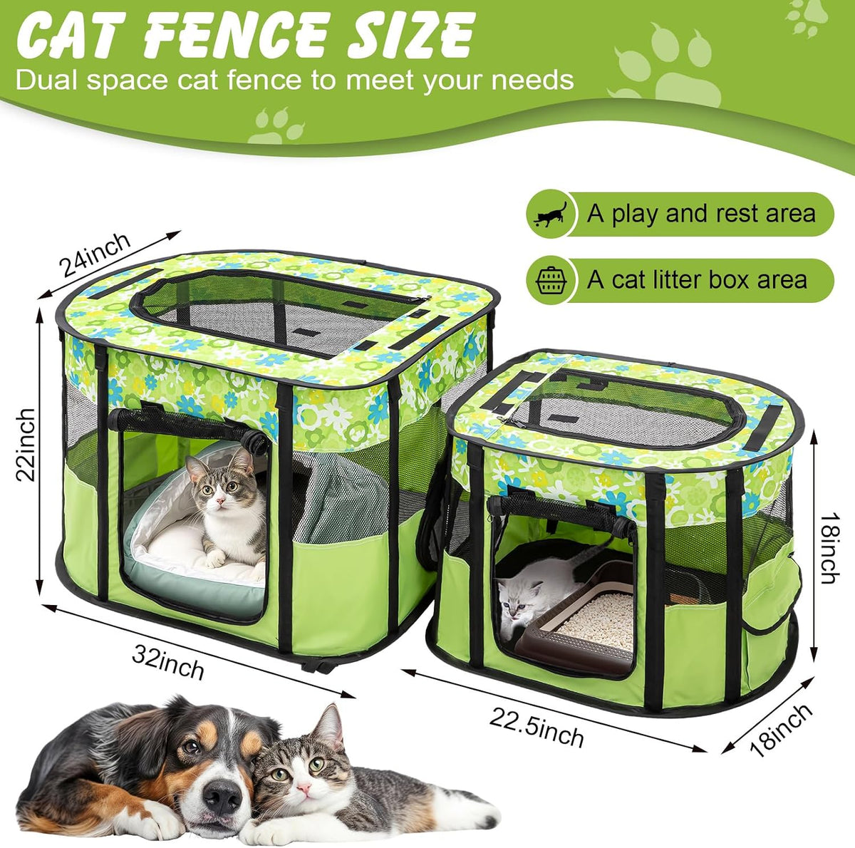 Portable Cat Playpen, Foldable Indoor Outdoor Pet Tent with 2 Areas