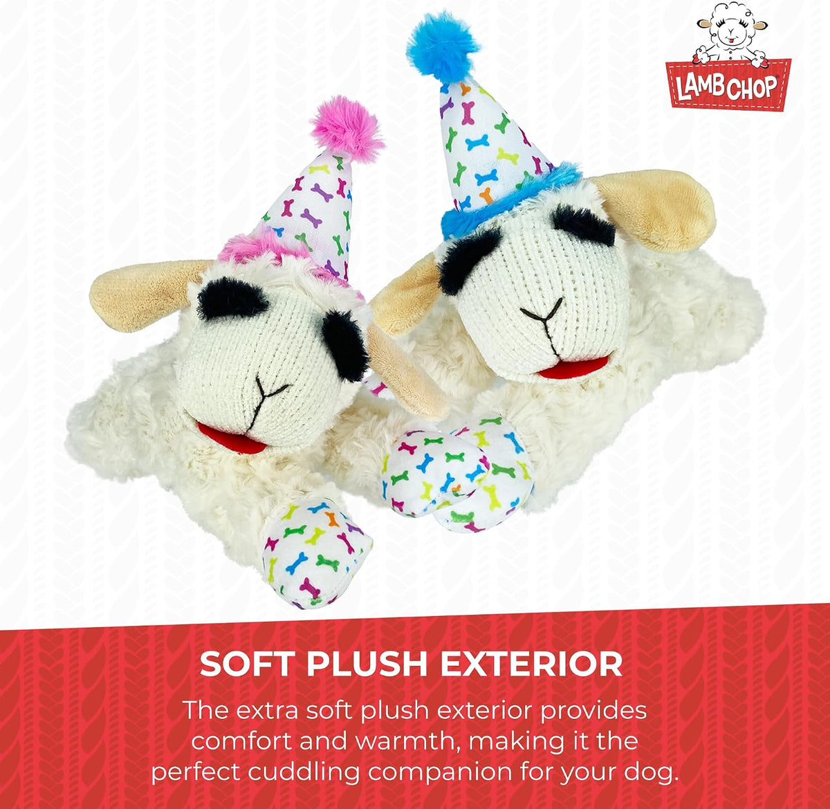 Multipet Lamb Chop Dog Plush Toy with Birthday Hat - Squeaky Dog Toy