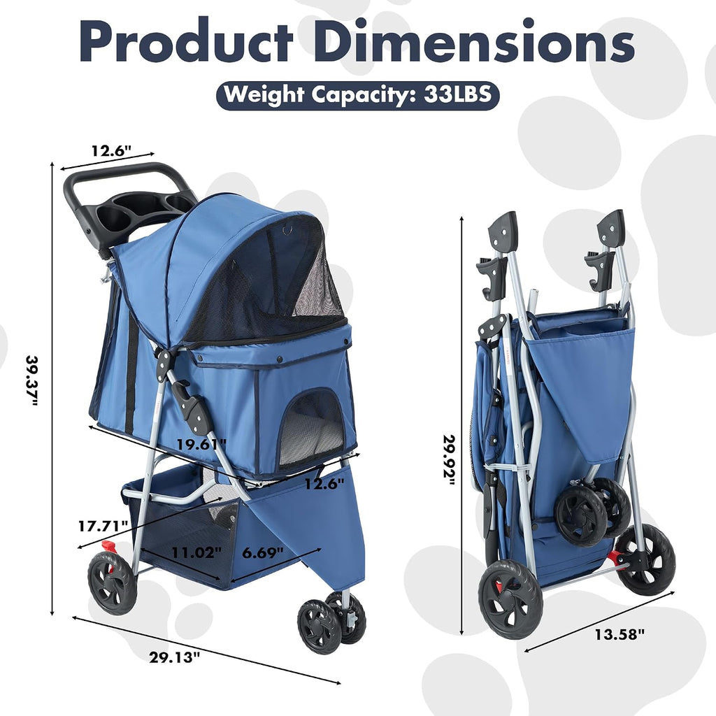 DUMOS 3 Wheels Pet Stroller for Small Dogs and Cats, Foldable