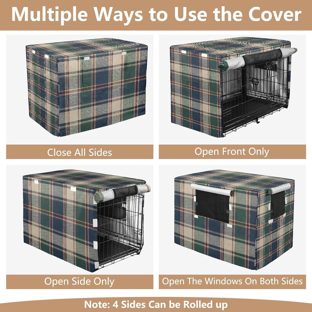 Dark Green Plaid Dog Crate Cover 42" L x 28" W x 30" H, Waterproof Windproof Light Blocking Pet Cage Cover with Roll Up 