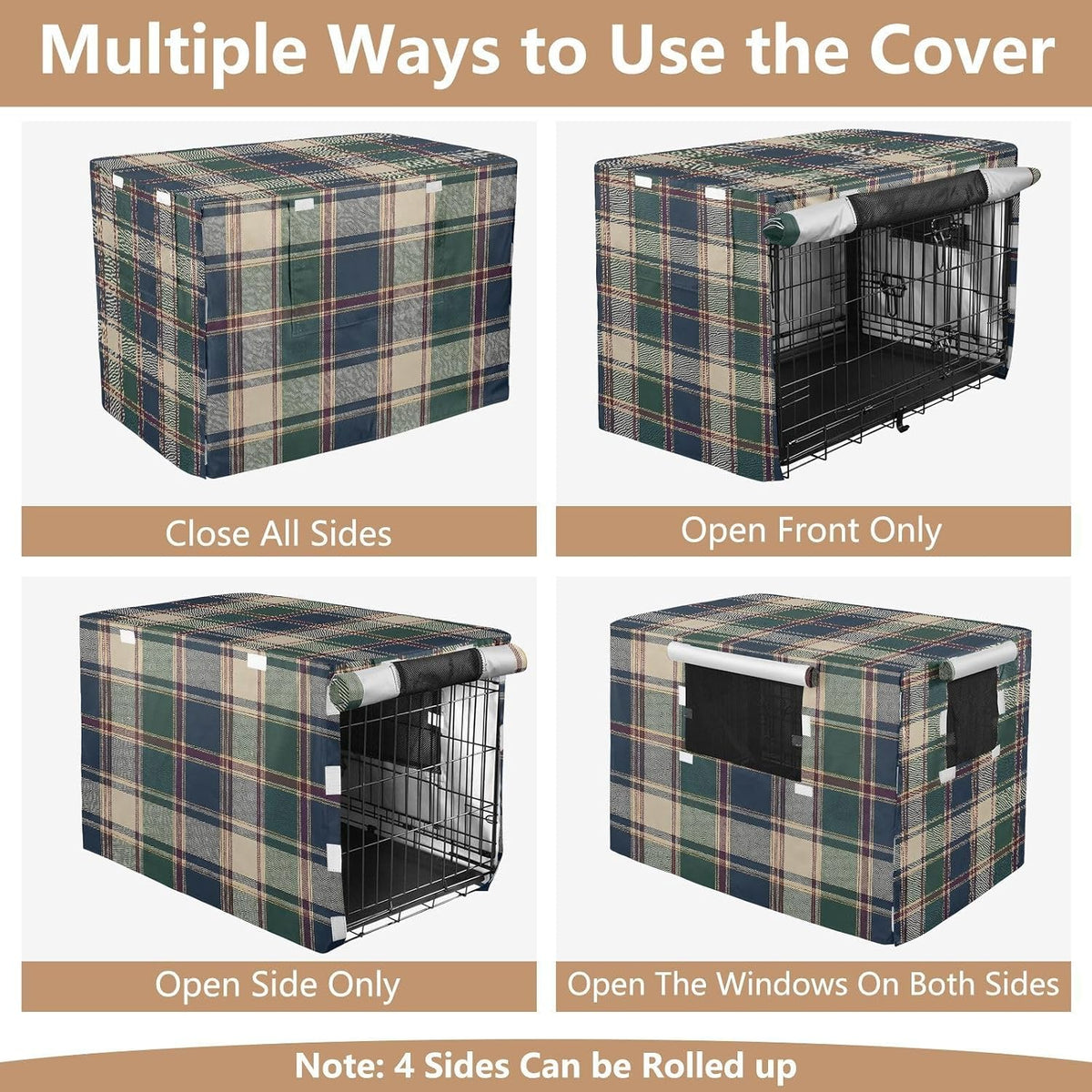 Dark Green Plaid Dog Crate Cover 42" L x 28" W x 30" H, Waterproof Windproof Light Blocking Pet Cage Cover with Roll Up 