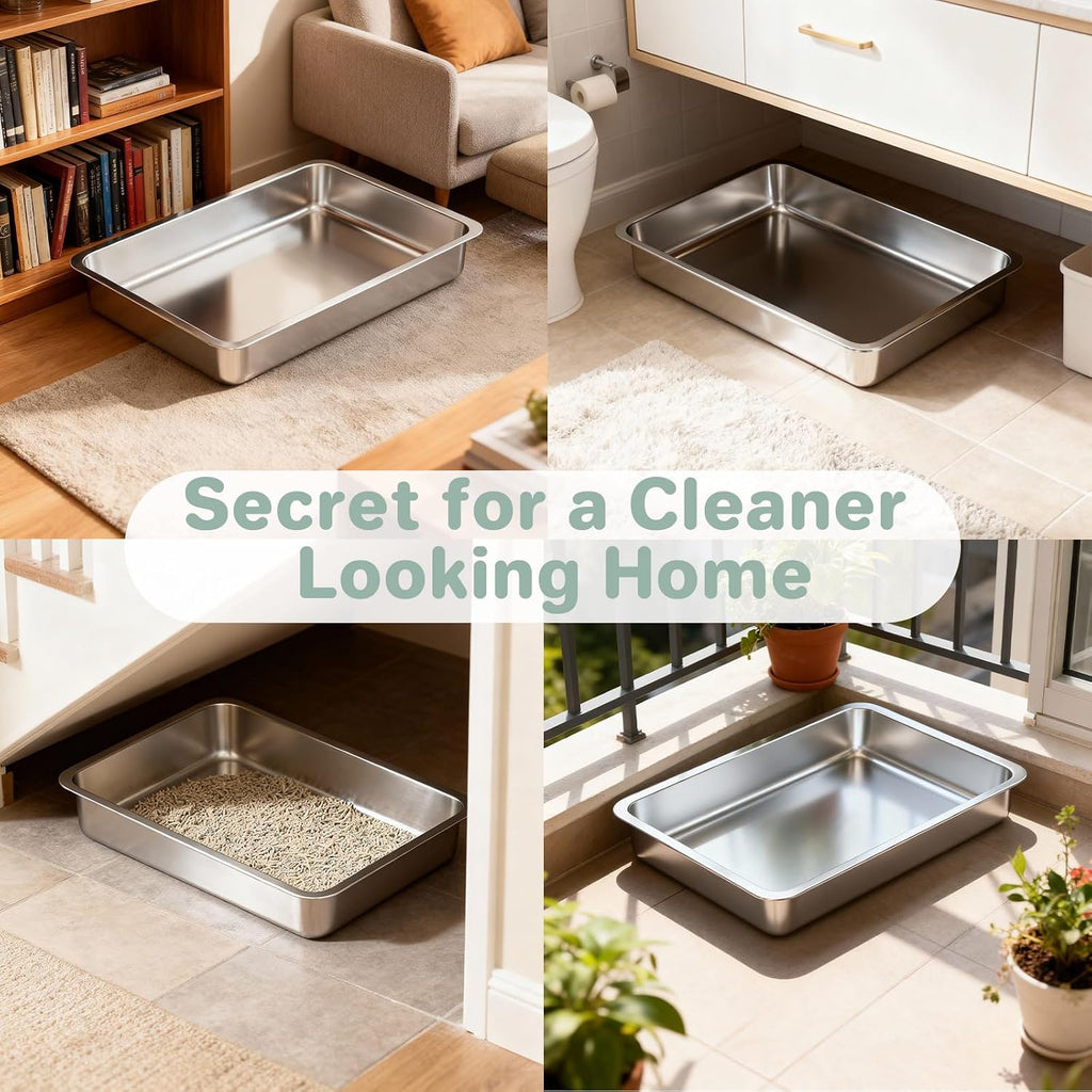 Low Entry Stainless Steel Cat Litter Box for Kittens Small cat, Metal Shallow Kitty Litter Box, Easy Access Kitty Litter