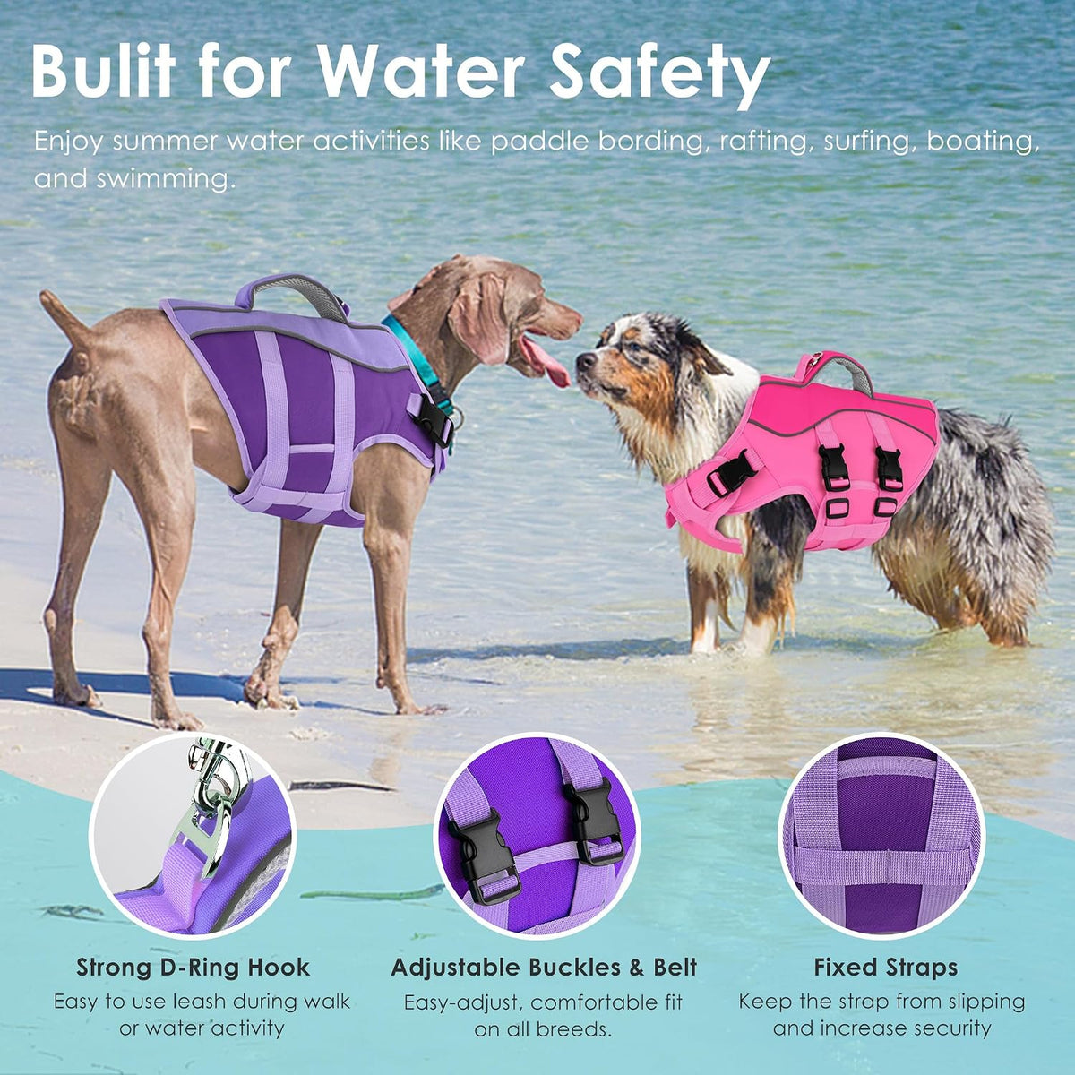 Dog Life Jacket with Handle Adjustable Swim vest, Purple, M