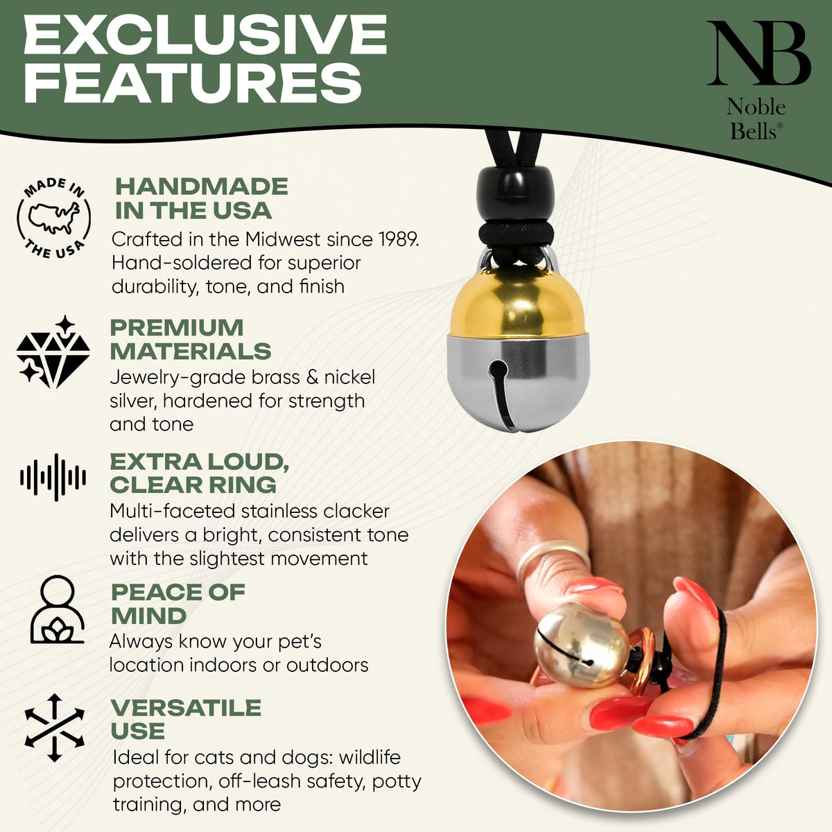 Noble Bells Handmade in USA, Extra Loud Collar Bell for Cat or Dog, Small