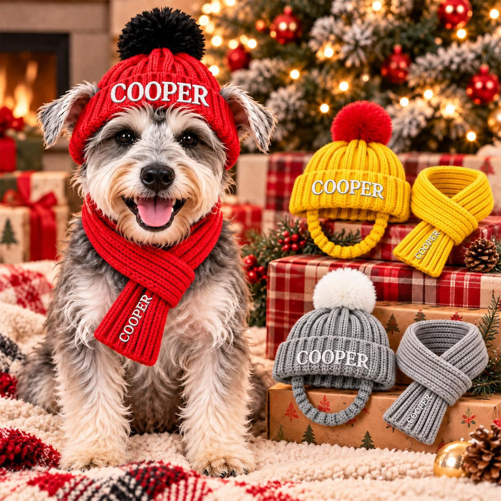 Personalized Dog Beanie with Scarf Set Custom Pet Winter Hat with Ear Holes