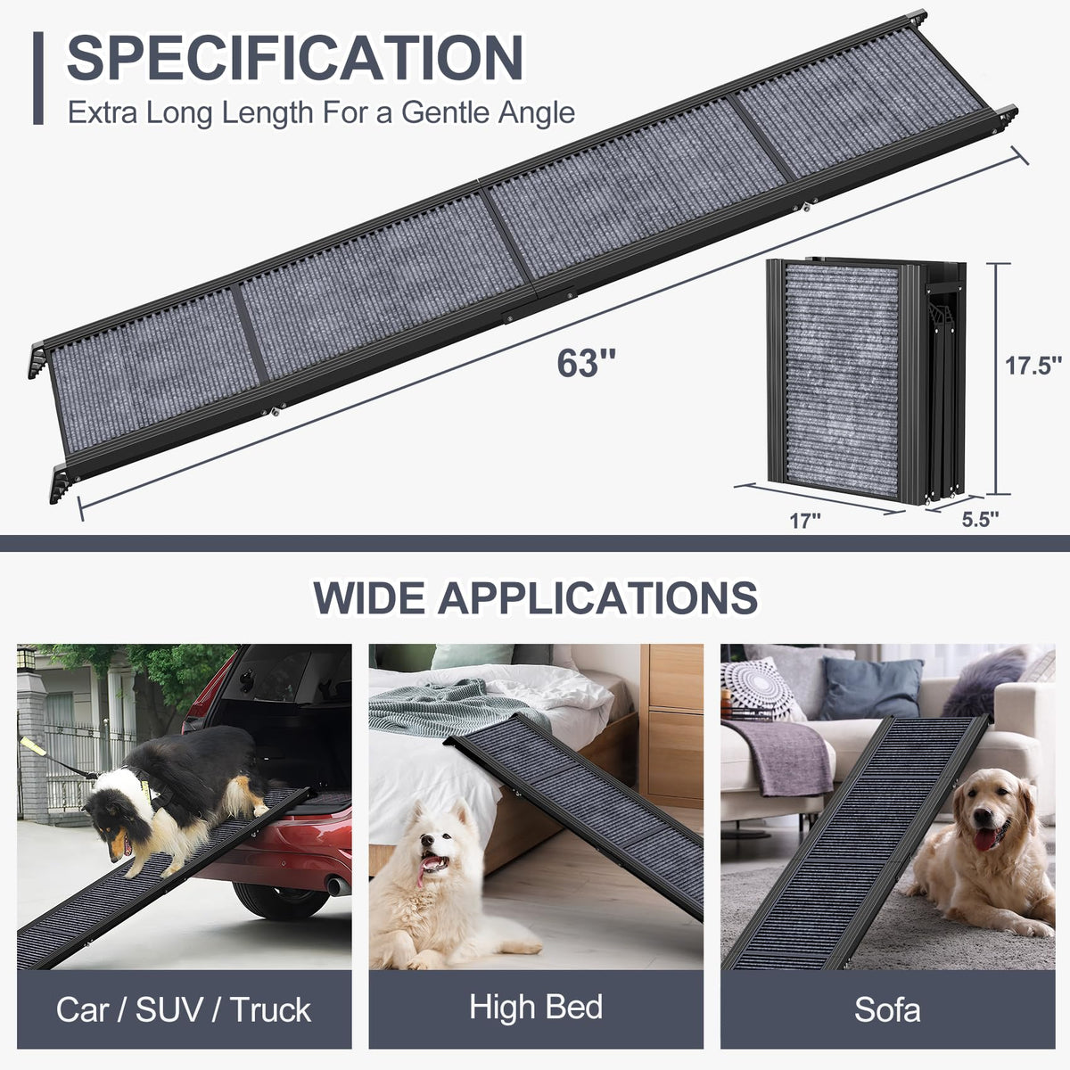 HerCcreta wigge Dog Ramp for Car 63" L × 17" W, Pet Ramp for Truck Foldable