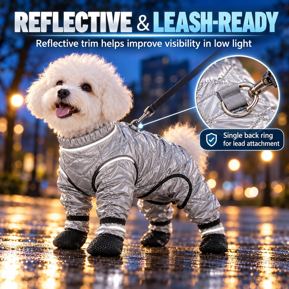 2027 New Dog Snowsuit with Attached Boots Full Body Winter Coat (Silver,Medium)