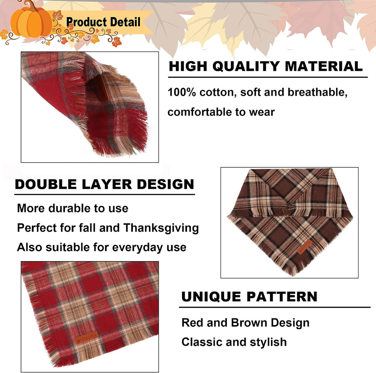 Fall Dog Bandanas with Fringe, Red Brown Plaid Dog Scarf, Large