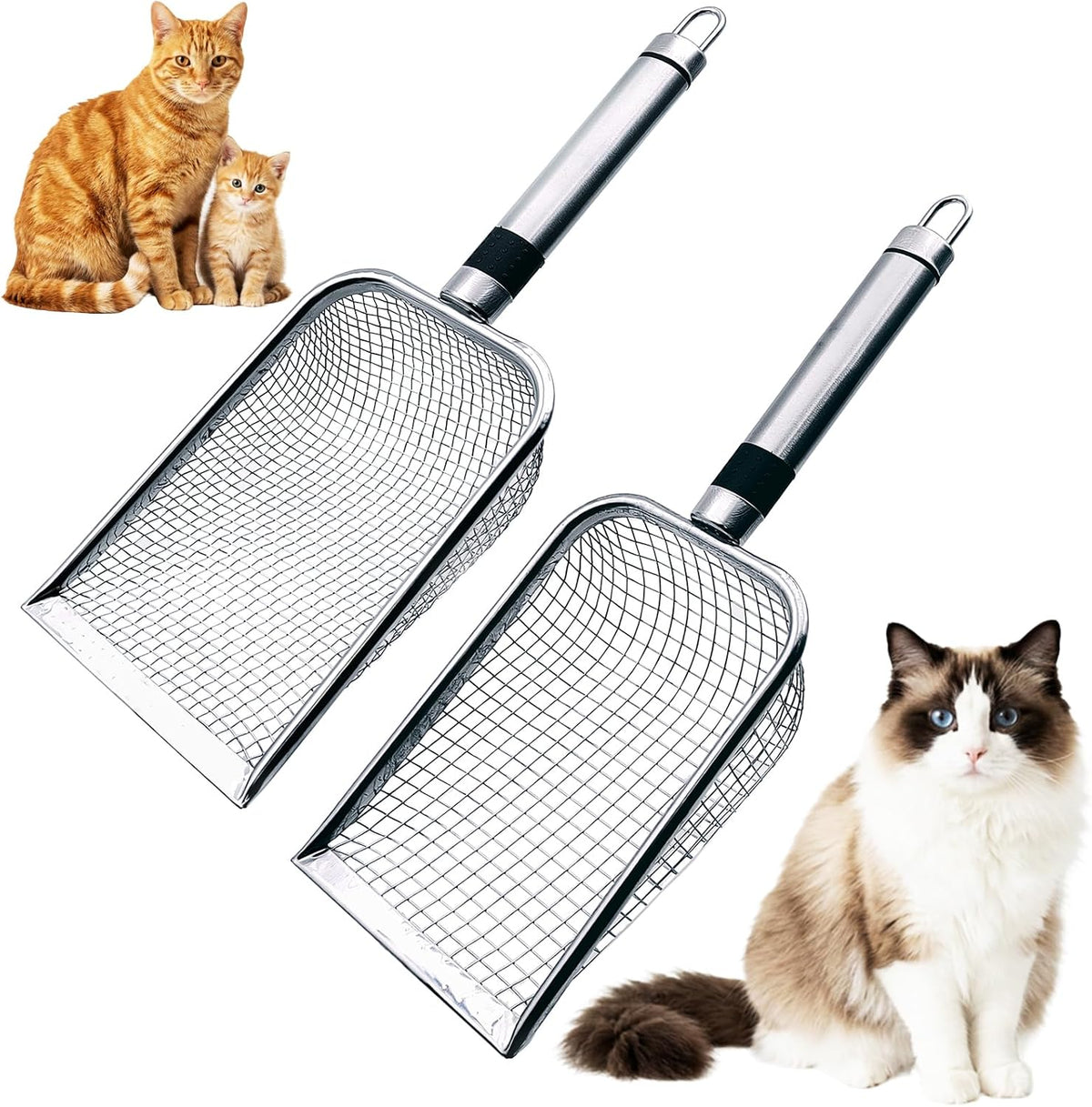 Cat Litter Scoop 2 Pack, Stainless Steel Handle, 3.8mm & 5mm Mesh Sifter