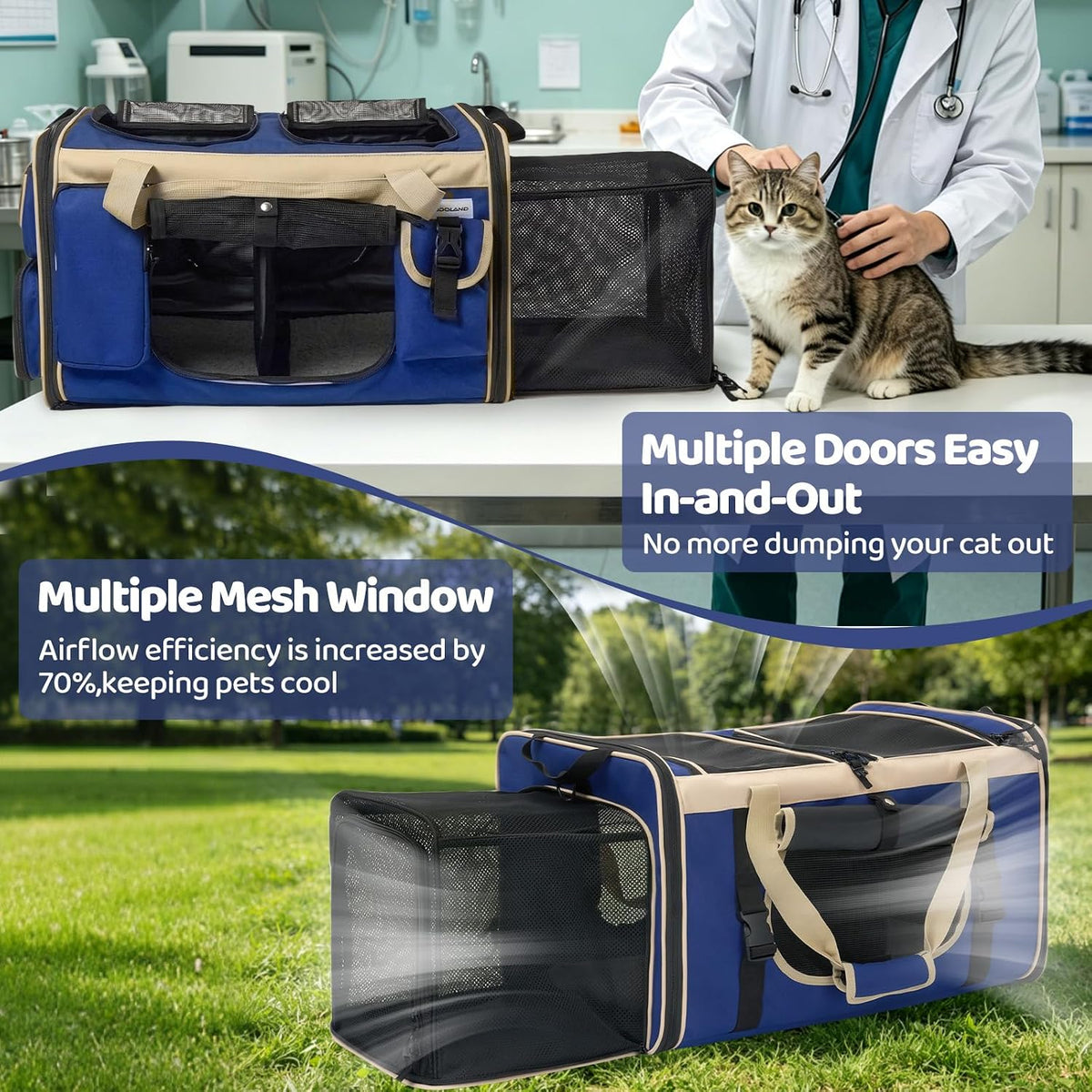 Odoland Expandable Cat Carrier for 2 Cats with Litter Box, Large Soft Sided