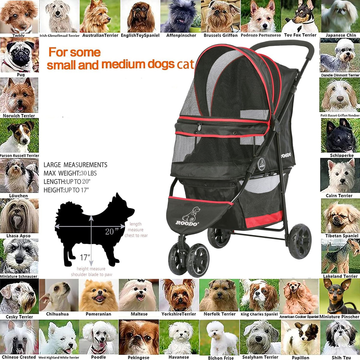 ROODO Escort 3 Wheel Dog Cat Pet Stroller for Small/Medium Dogs Cats Best Lightweight Foldable Portable Compact Jogger T