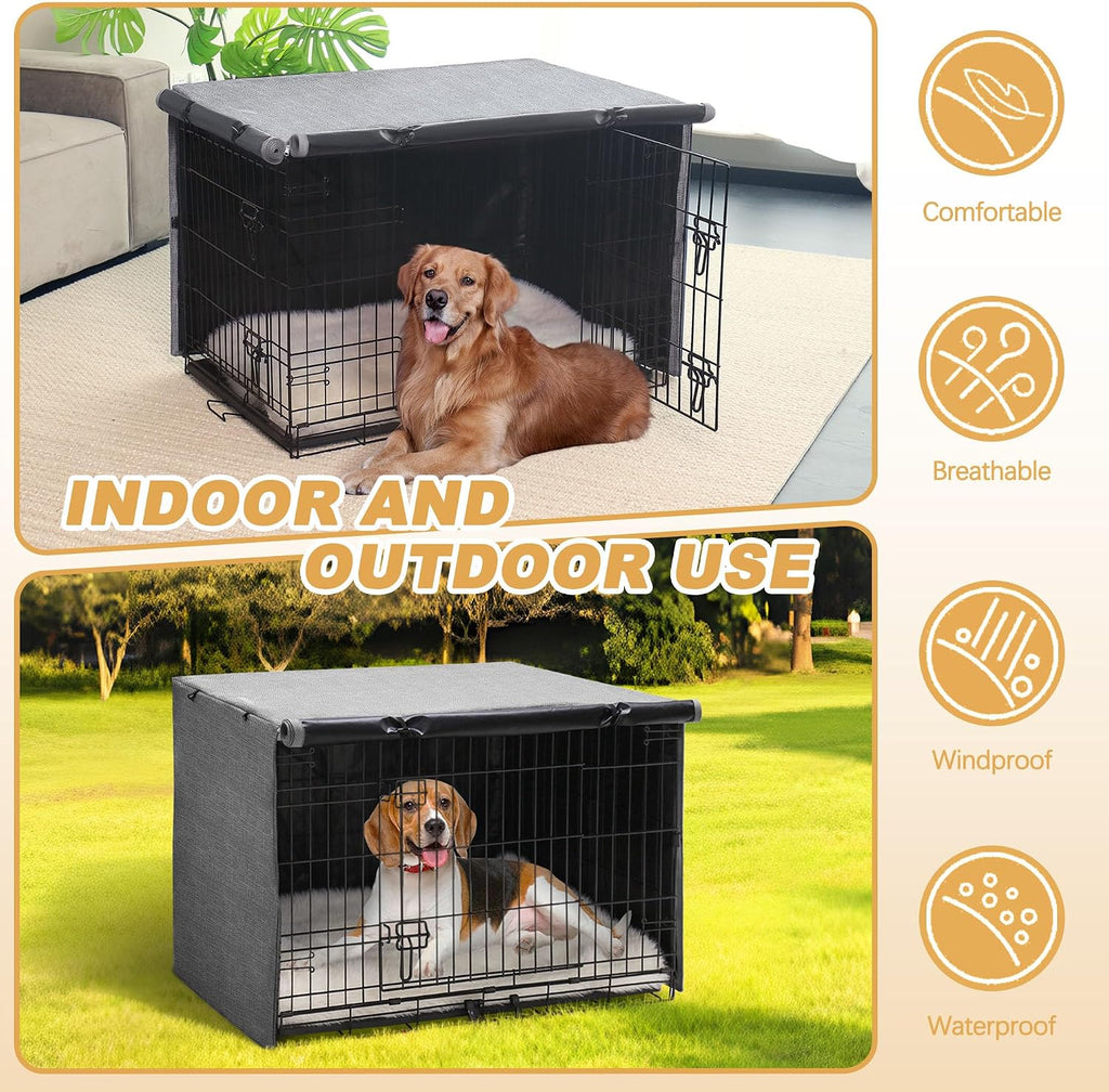 Akinerri Dog Crate Cover, Double Door Waterproof Kennel Cover, 42 in Grey