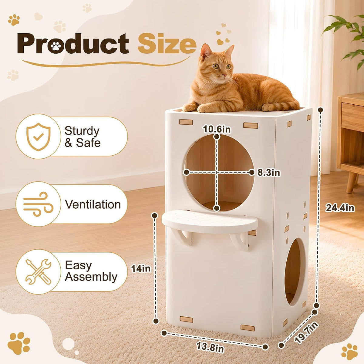 2-Storey Cat House Tower, Waterproof HDPE Plastic Cat Condo with External Jumping Platform & Dual Hideaway Caves, Easy t