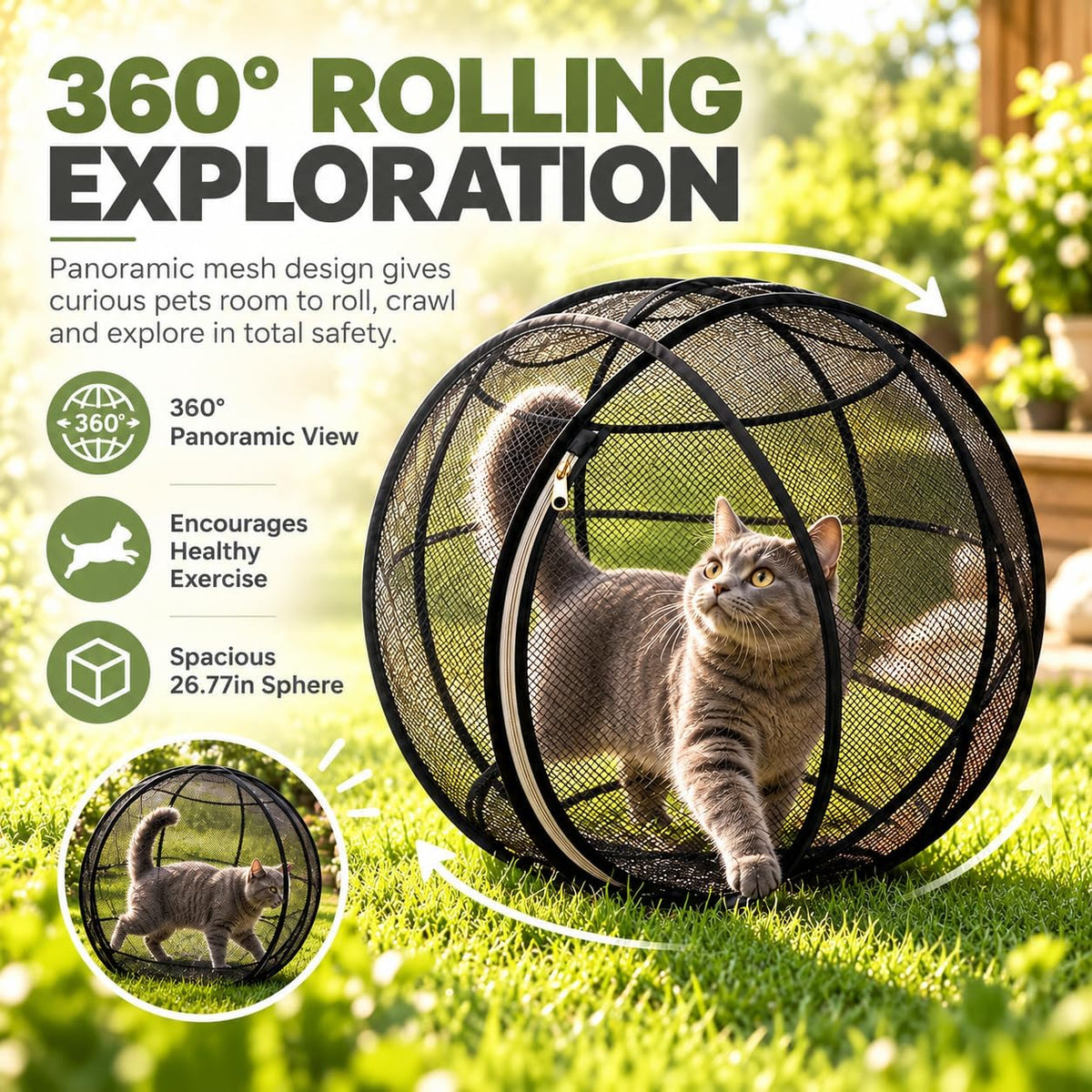 Cat Hamster Ball for Outside, 360° Panoramic Pop-Up Rolling Cat Playpen, 26.77 Inch Foldable Mesh Cats Exercise Ball, Po