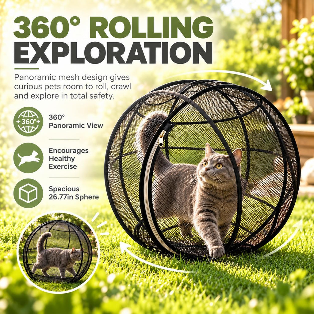 Cat Hamster Ball for Outside, 360° Panoramic Pop-Up Rolling Cat Playpen, 26.77 Inch Foldable Hamster Ball for Cats, Port