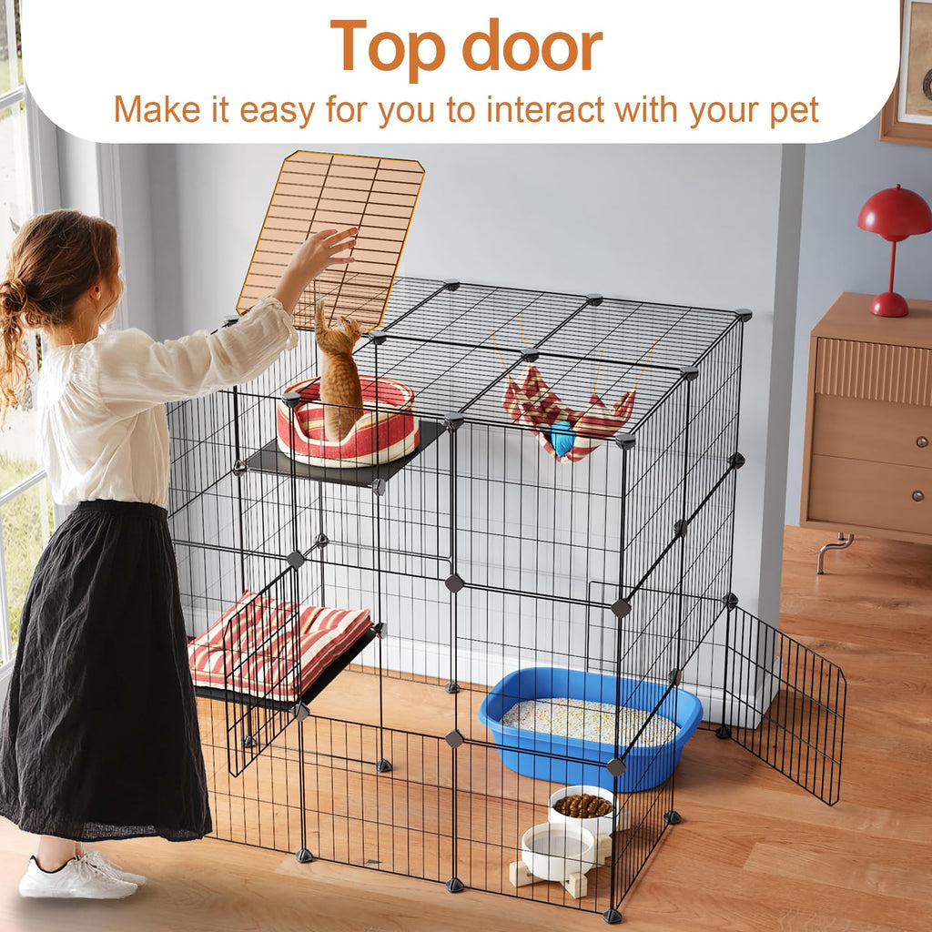 Oneluck 3-Tier Cat Cages Indoor Enclosure DIY Cat Playpen Catio Detachable Metal Wire Kennels Cats Crate Large Extra Exercise Place Ideal for 1 Cat,35.4 Inches